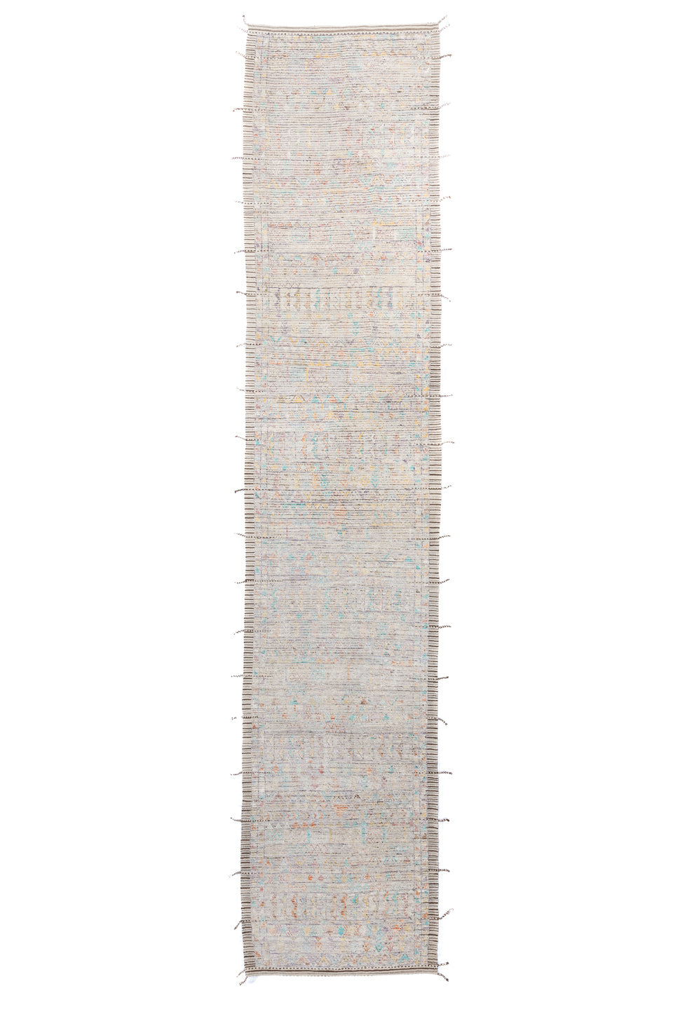 4' x 20' one-of-a-kind handmade vintage Tulu runner rug. Color palette: gray, off-white, blue, light gray, pink, brown