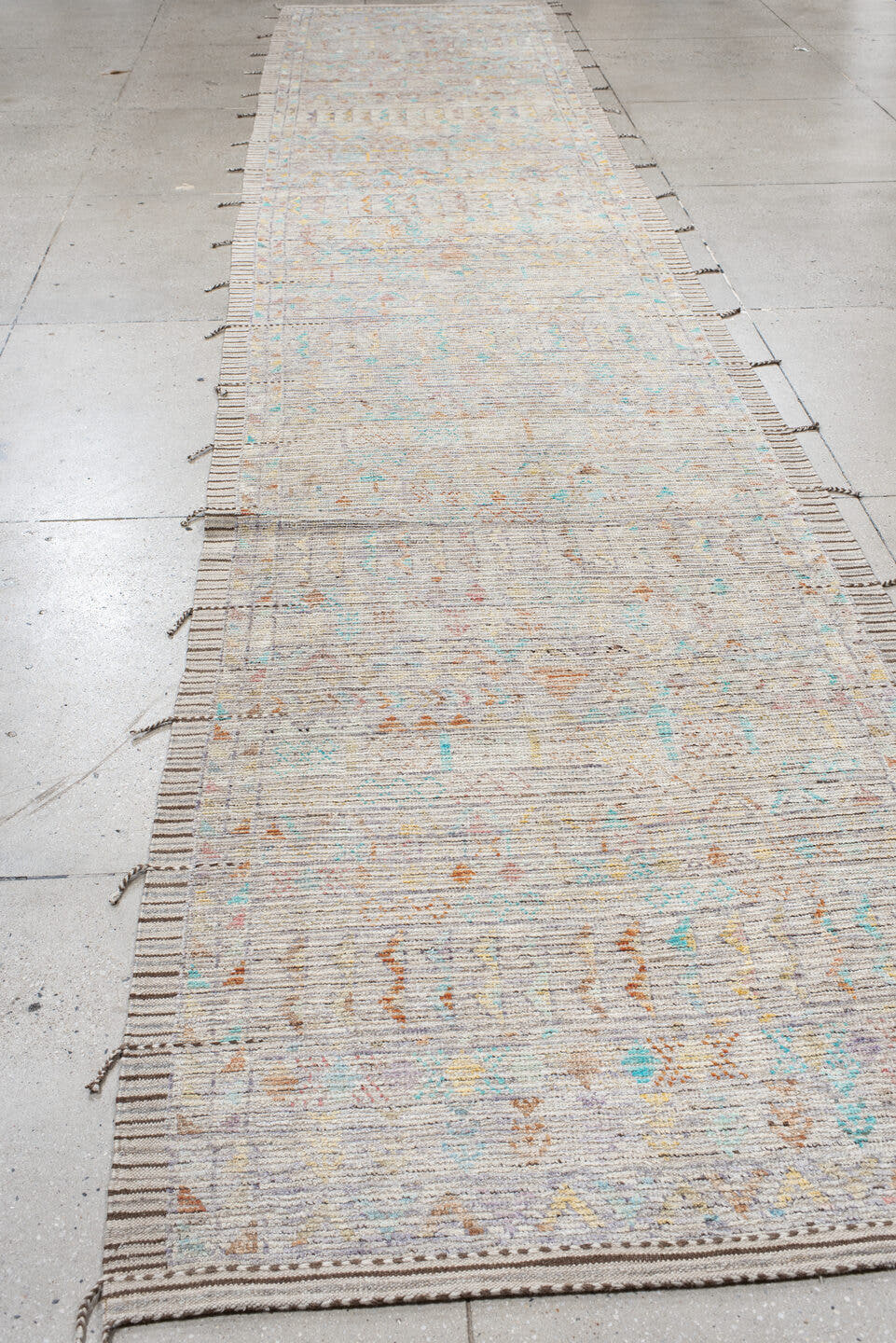 4' x 20' one-of-a-kind handmade vintage Tulu runner rug. Color palette: ivory, taupe, sky_blue, peach, gold, lavender, camel