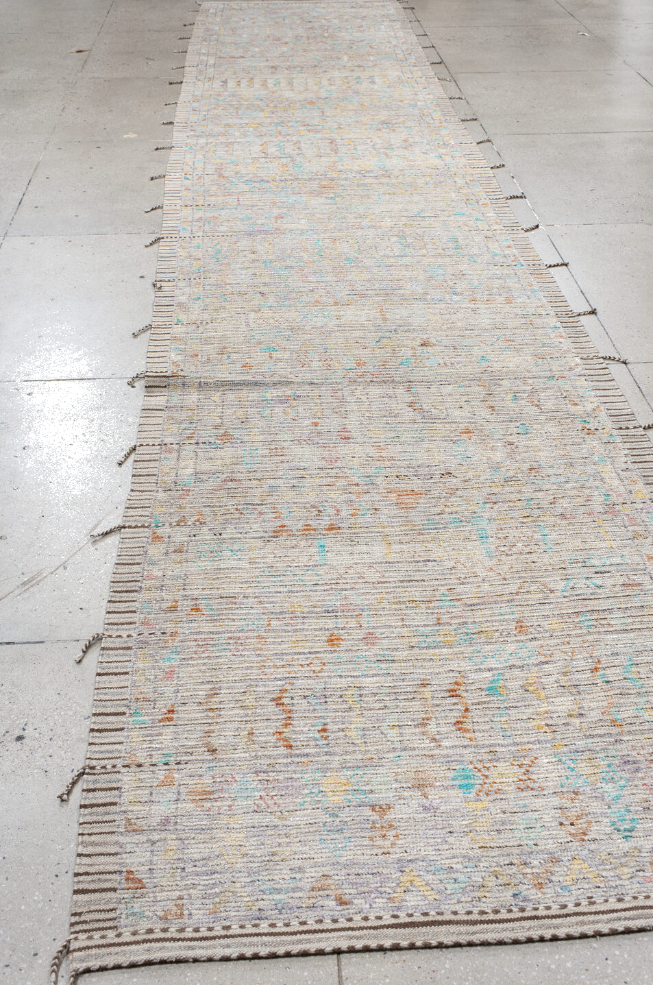 4' x 20' one-of-a-kind handmade vintage Tulu runner rug. Color palette: blue, brown, dark gray, gainsboro, gray, light gray