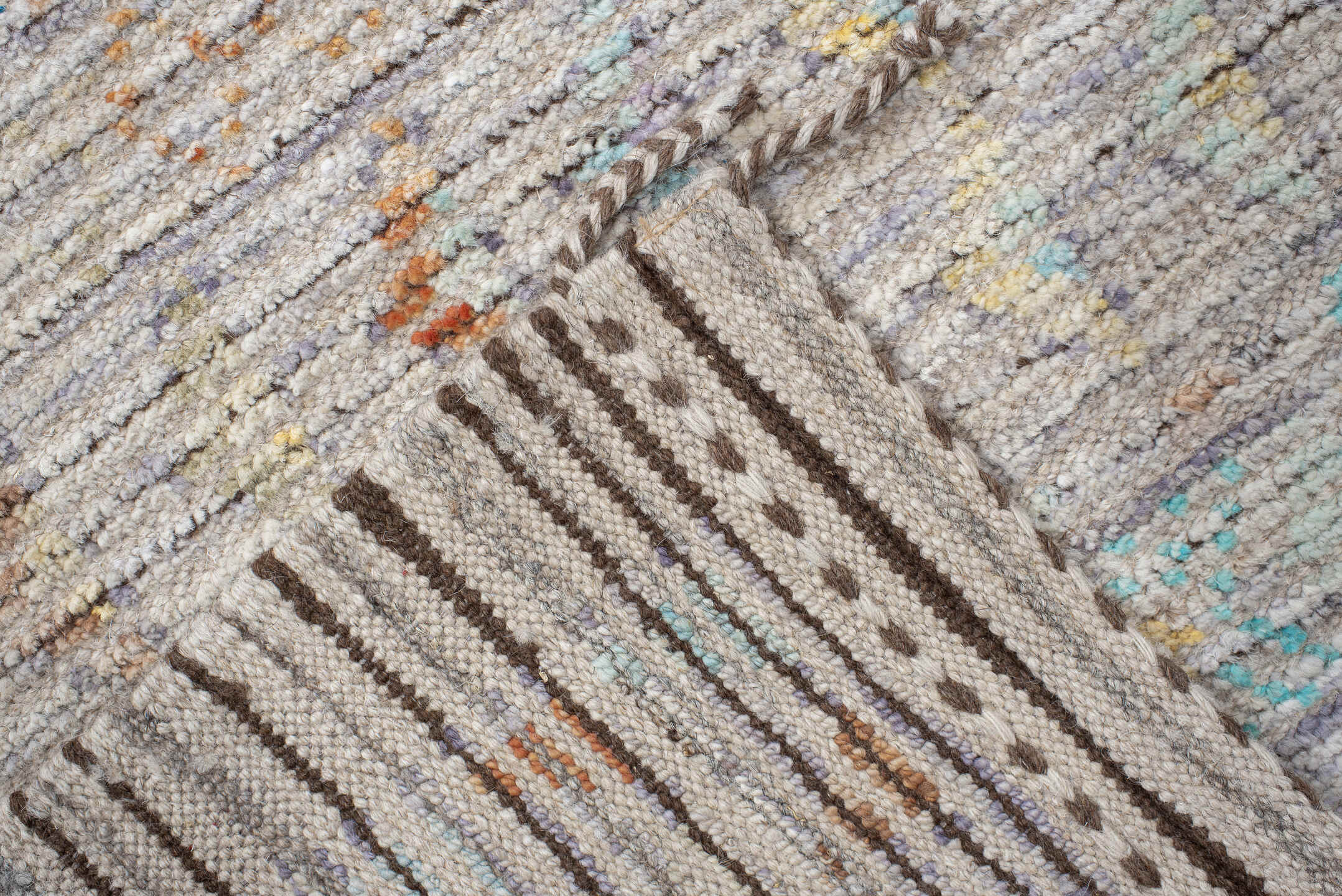 4' x 20' one-of-a-kind handmade vintage Tulu runner rug. Color palette: gray, off-white, blue, light gray, pink, brown