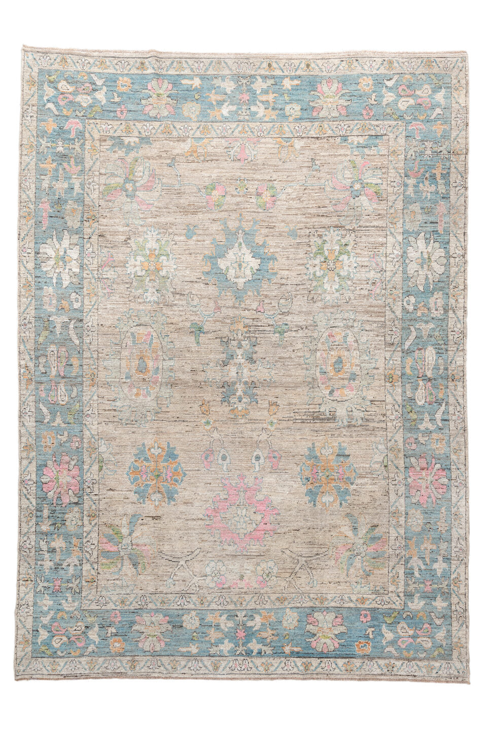 10' x 14' one-of-a-kind handmade vintage Oushak large size rug. Color palette: gray, light gray, off-white, pink, brown