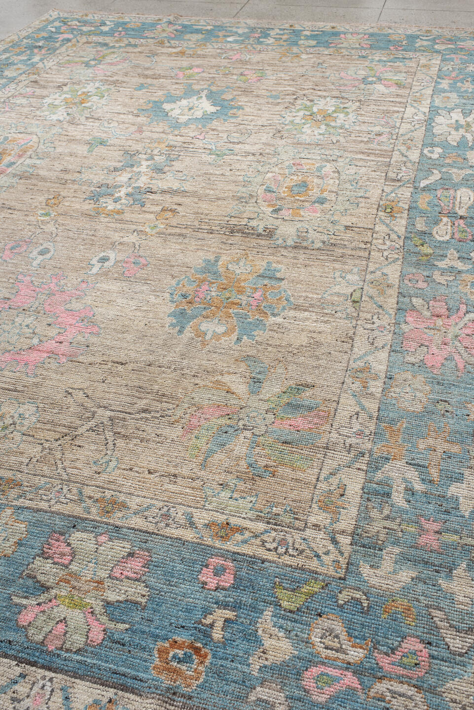 10' x 14' one-of-a-kind handmade vintage Oushak large size rug. Color palette: ivory, sky blue, pink, sage, gold, taupe