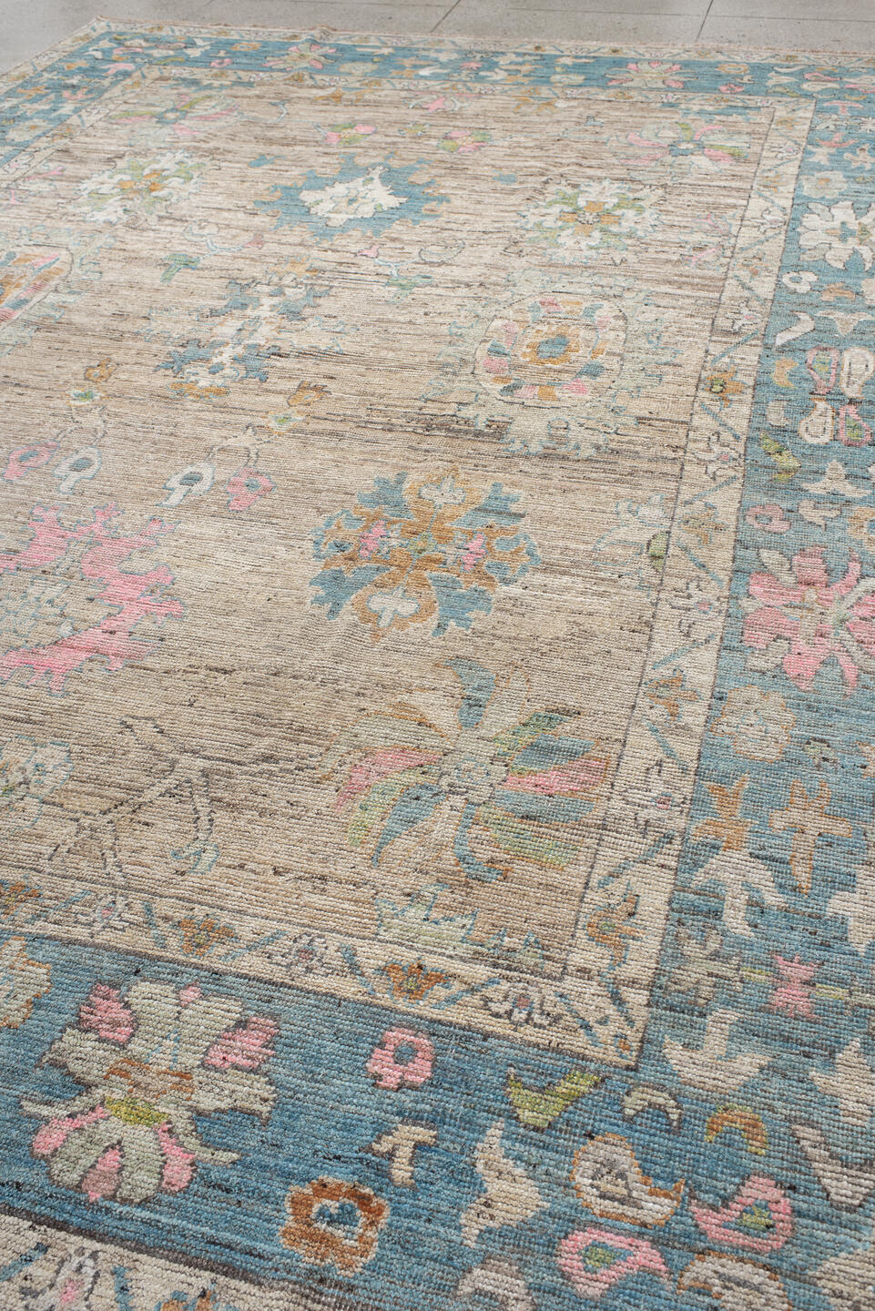 10' x 14' one-of-a-kind handmade vintage Oushak large size rug. Color palette: antiquewhite, blue, brown, dark gray, gray