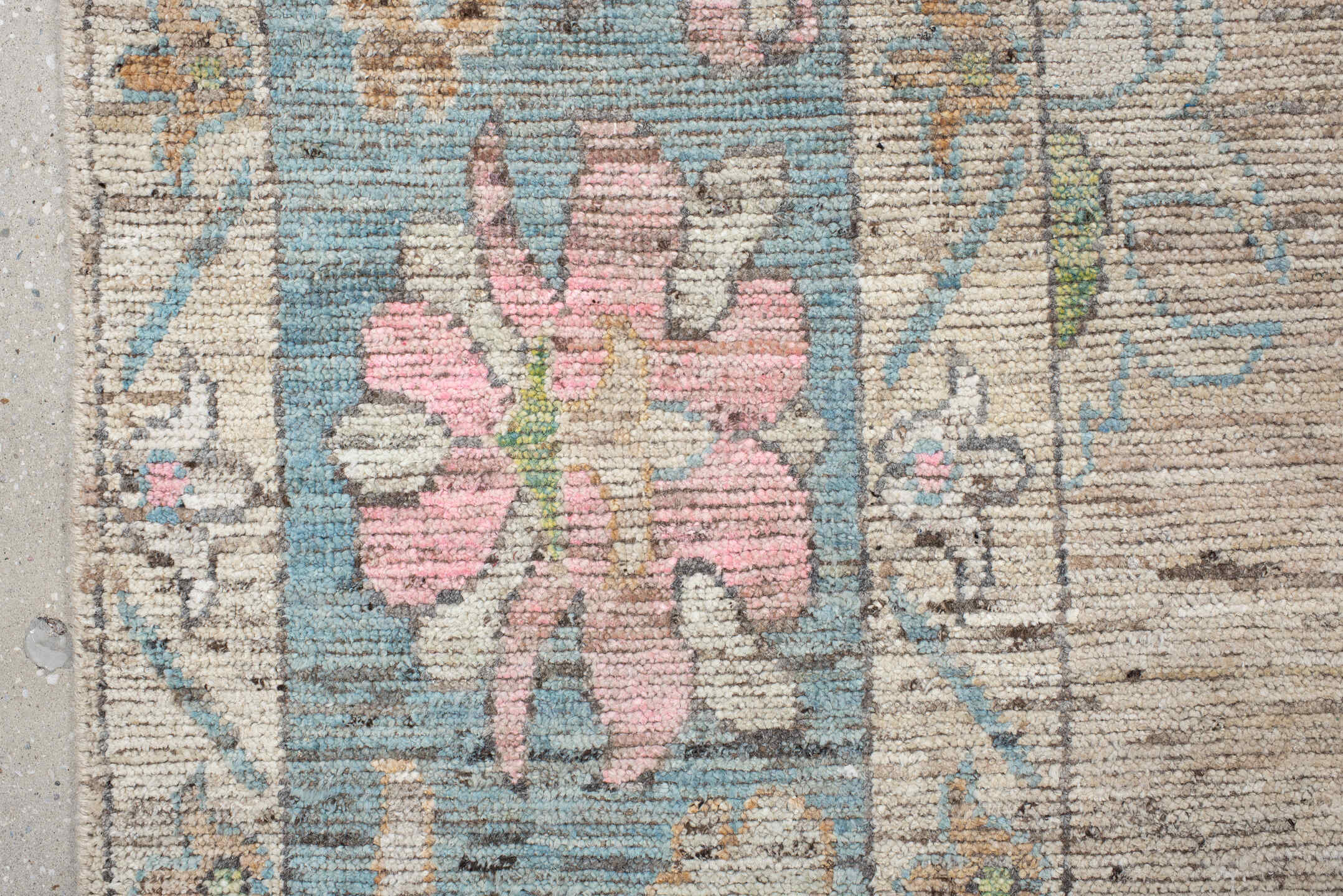 10' x 14' one-of-a-kind handmade vintage Oushak large size rug. Color palette: ivory, sky blue, pink, sage, gold, taupe
