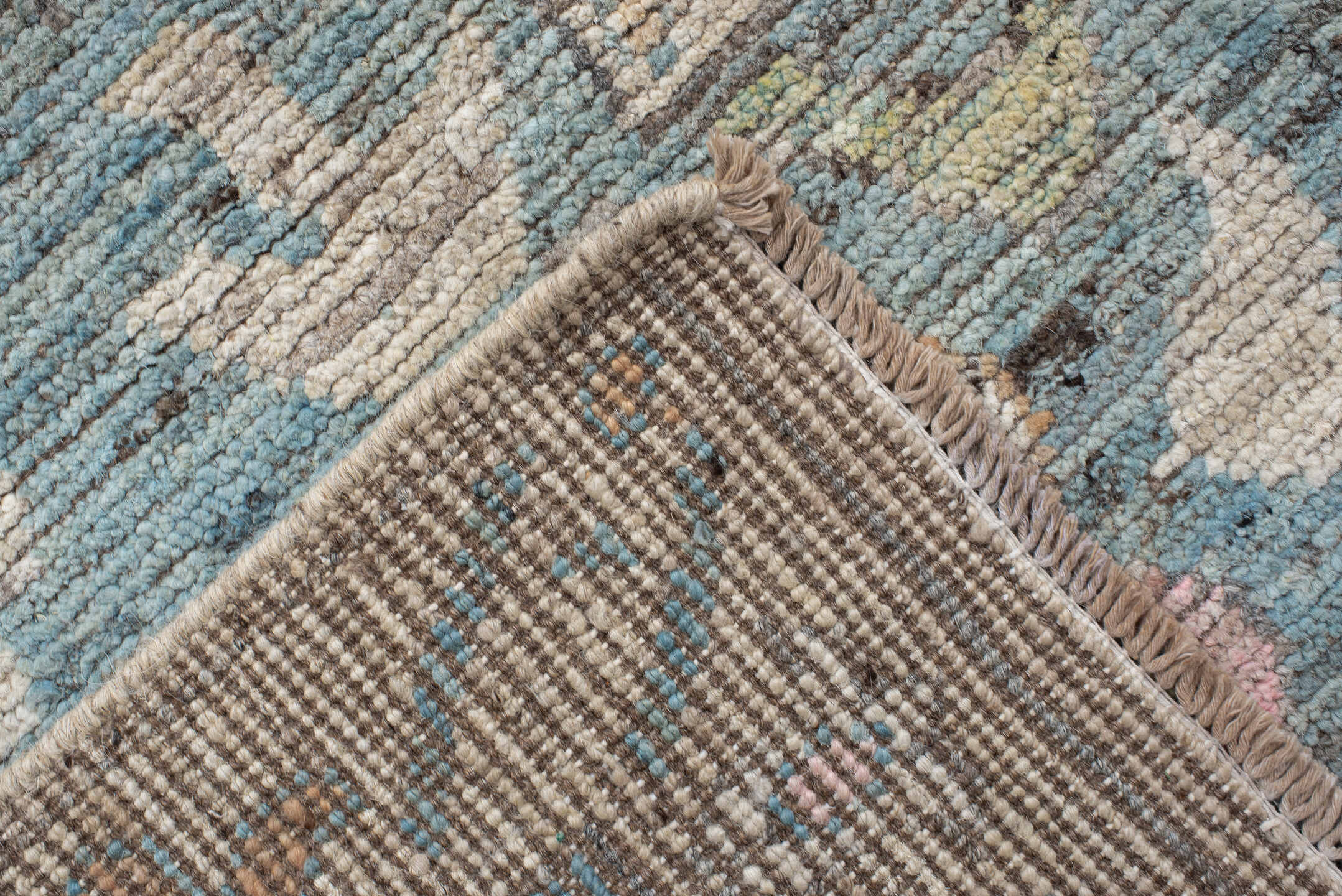 10' x 14' one-of-a-kind handmade vintage Oushak large size rug. Color palette: ivory, sky blue, pink, sage, gold, taupe
