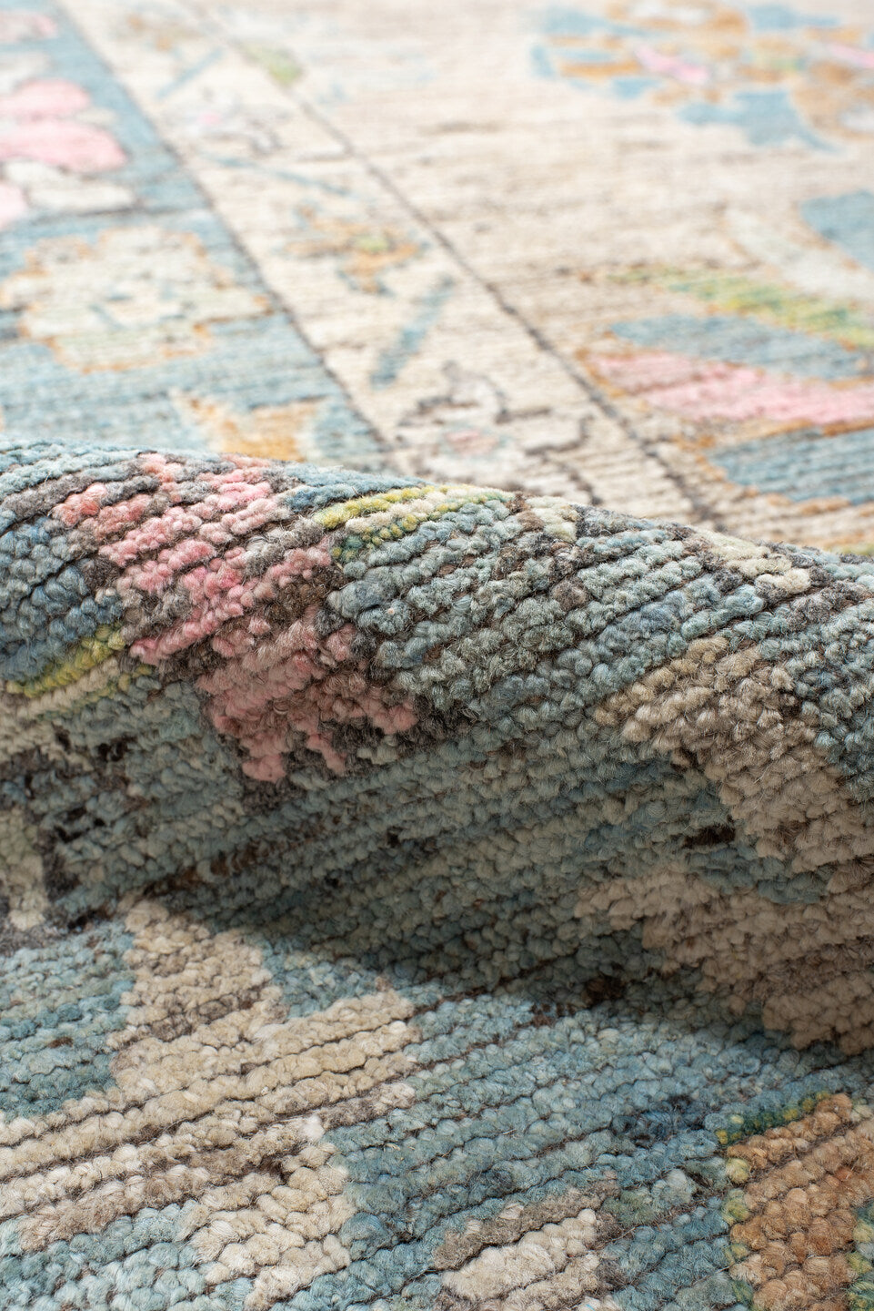 10' x 14' one-of-a-kind handmade vintage Oushak large size rug. Color palette: ivory, sky blue, pink, sage, gold, taupe