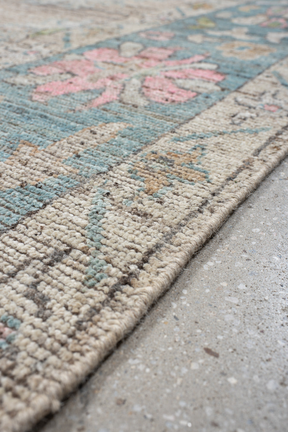 10' x 14' one-of-a-kind handmade vintage Oushak large size rug. Color palette: ivory, sky blue, pink, sage, gold, taupe