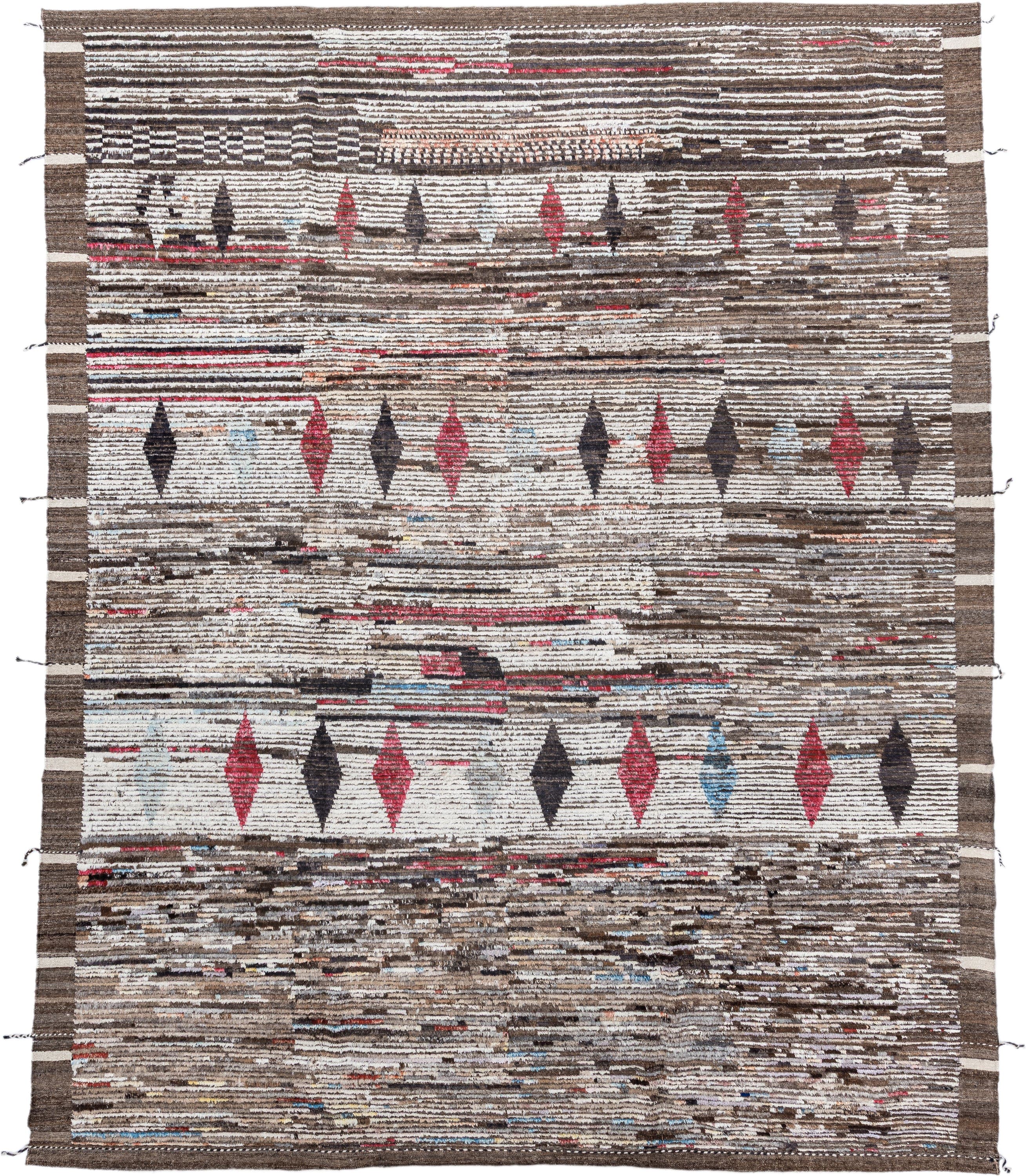 9' x 11' one-of-a-kind handmade vintage Tulu large size rug. Color palette: ivory, brown, charcoal, crimson, sky_blue, taupe