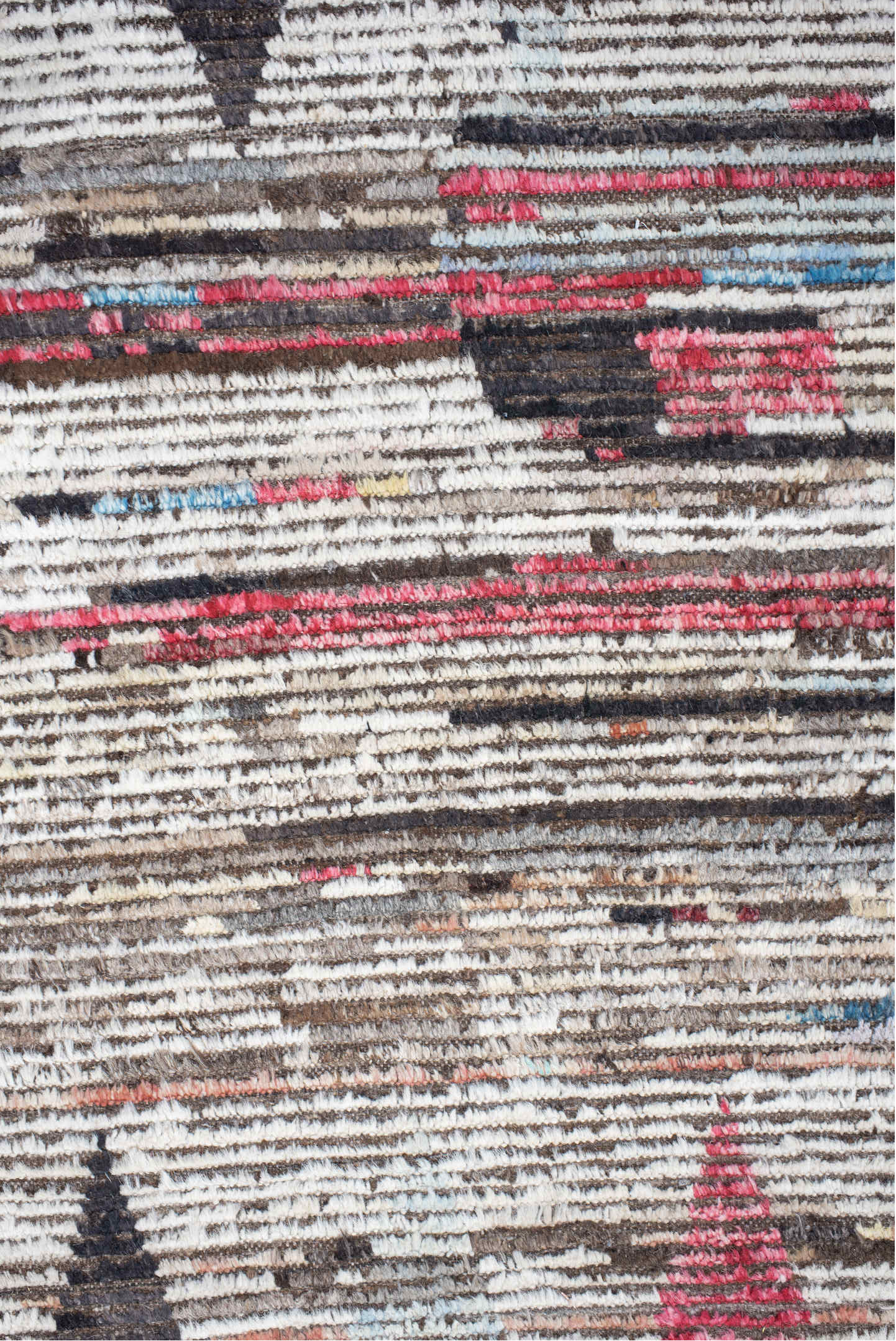 9' x 11' one-of-a-kind handmade vintage Tulu large size rug. Color palette: ivory, brown, charcoal, crimson, sky_blue, taupe