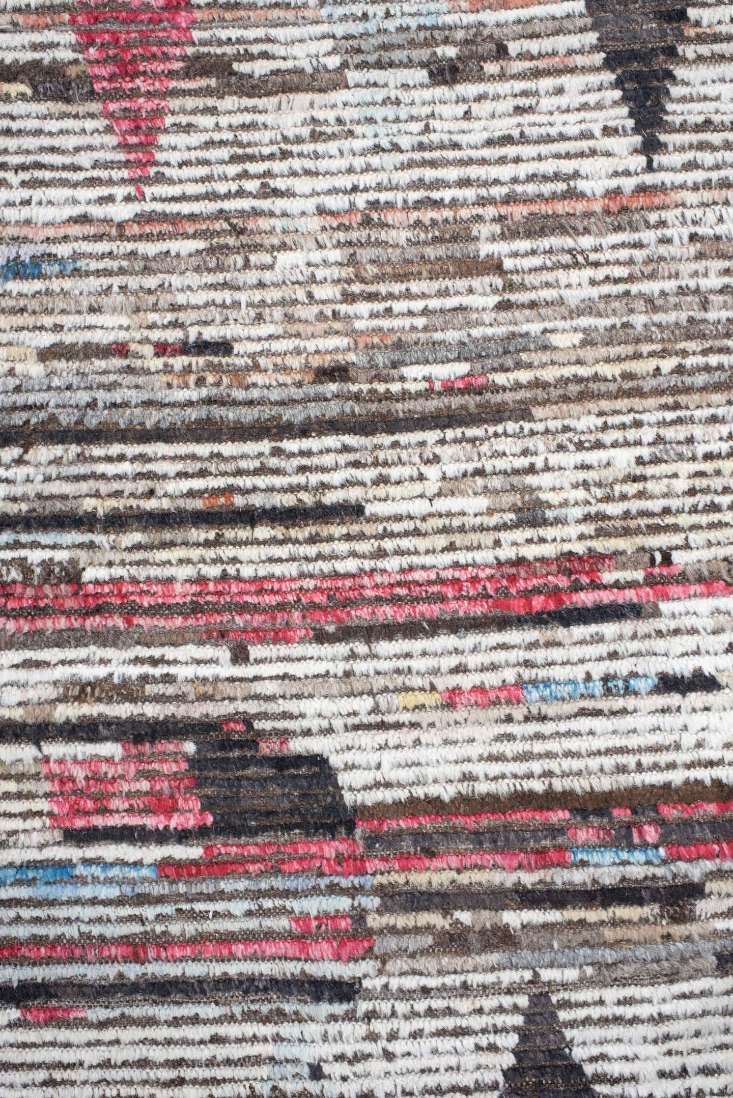 9' x 11' one-of-a-kind handmade vintage Tulu large size rug. Color palette: ivory, brown, charcoal, crimson, sky_blue, taupe