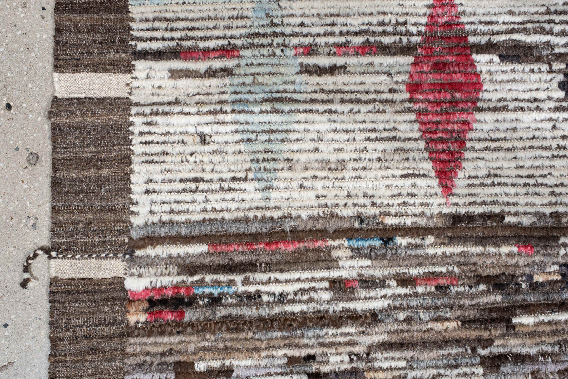 9' x 11' one-of-a-kind handmade vintage Tulu large size rug. Color palette: ivory, brown, charcoal, crimson, sky_blue, taupe