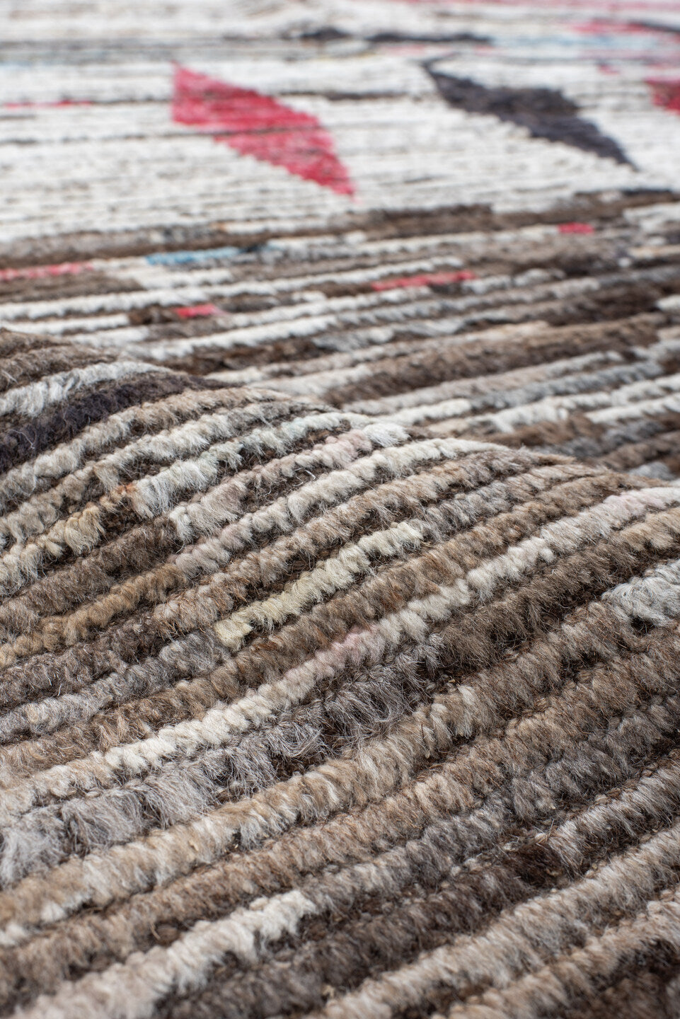 9' x 11' one-of-a-kind handmade vintage Tulu large size rug. Color palette: ivory, brown, charcoal, crimson, sky_blue, taupe