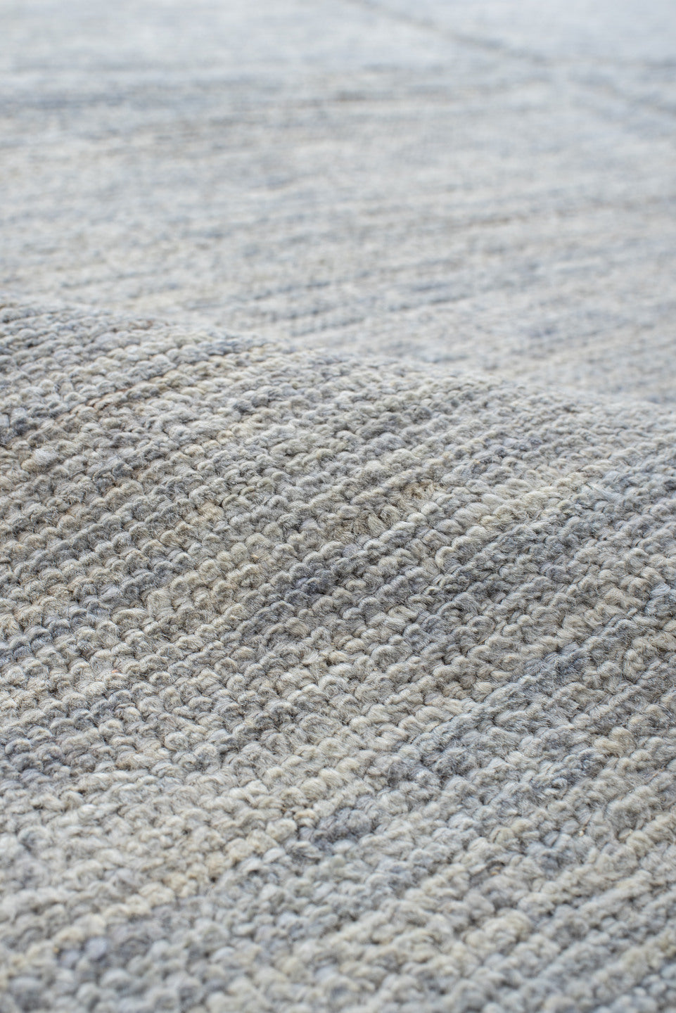9' x 12' one-of-a-kind handmade vintage Tulu large size rug. Color palette: pale blue, ivory, silver, slate, light blue