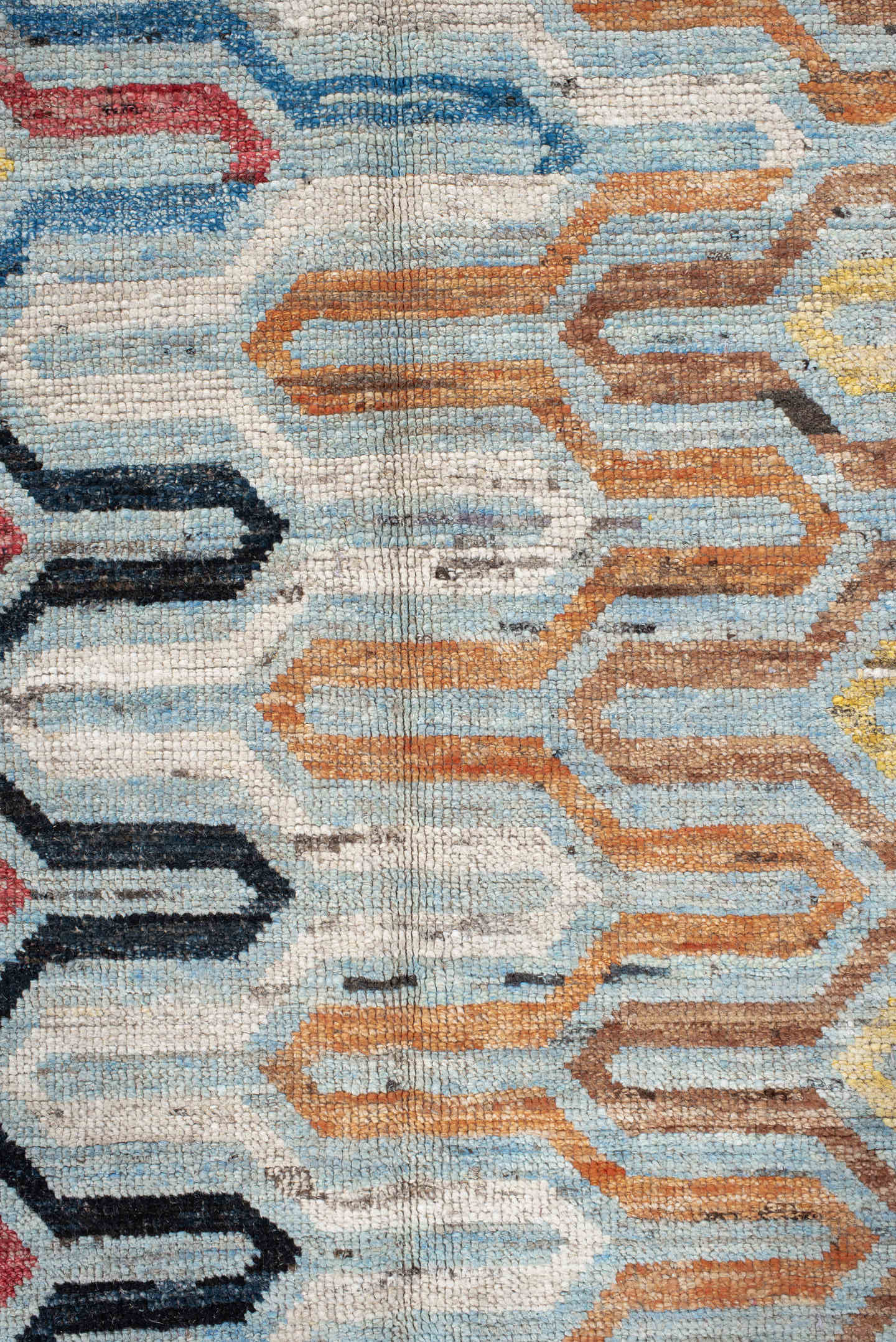 6' x 9' one-of-a-kind handmade vintage Tulu medium size rug. Color palette: ivory, sky blue, rust, gold, crimson, charcoal