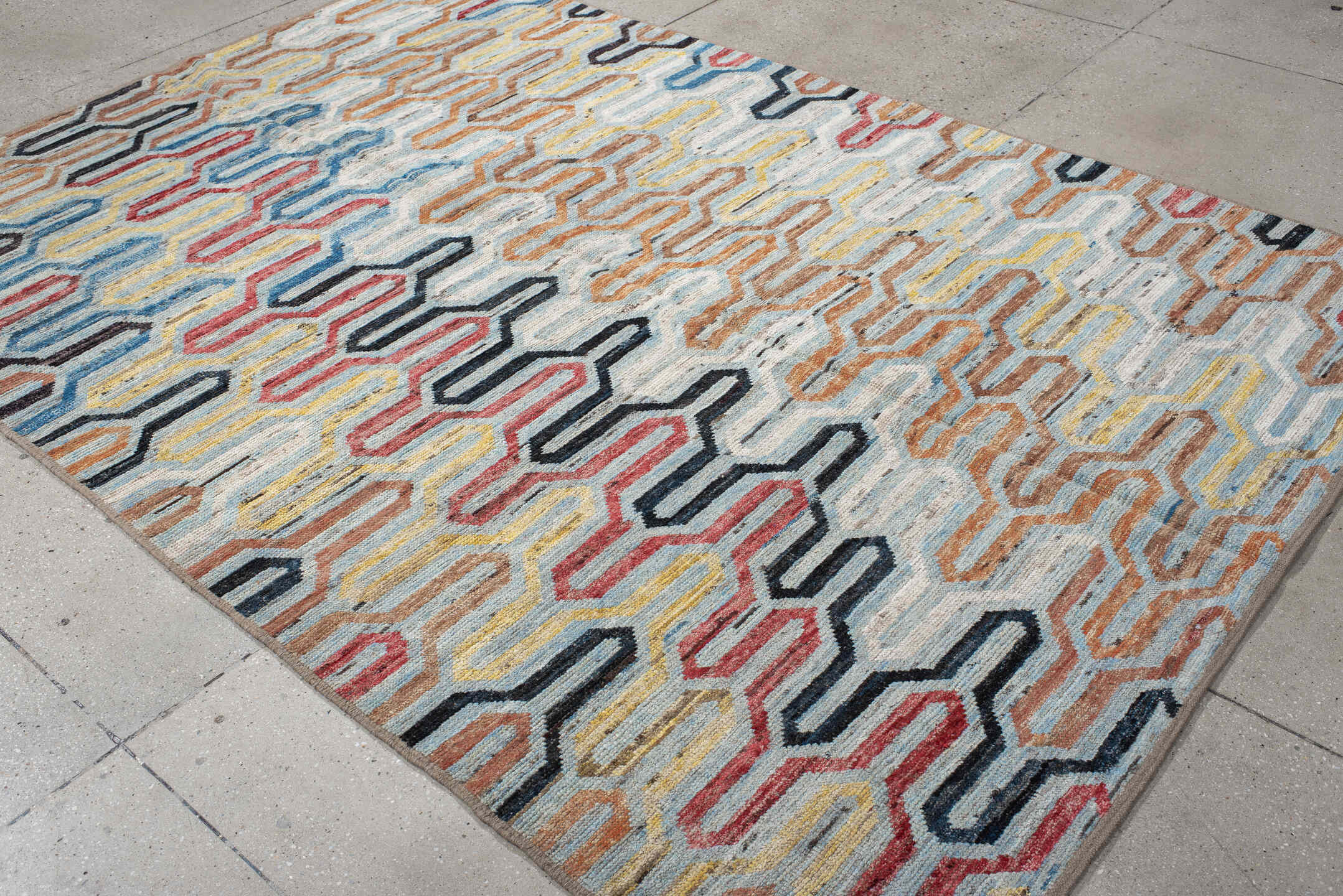 6' x 9' one-of-a-kind handmade vintage Tulu medium size rug. Color palette: ivory, sky blue, rust, gold, crimson, charcoal