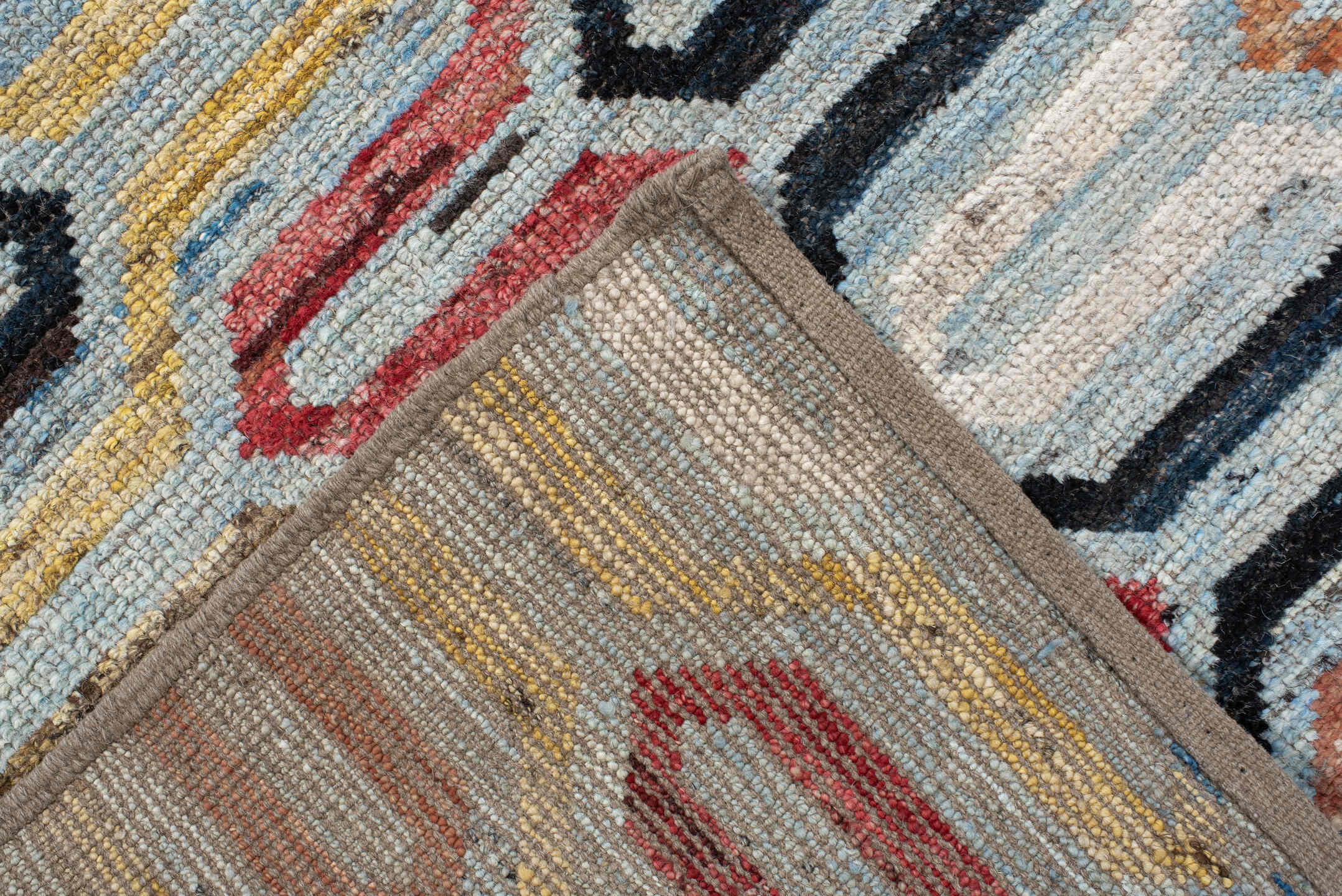 6' x 9' one-of-a-kind handmade vintage Tulu medium size rug. Color palette: ivory, sky blue, rust, gold, crimson, charcoal