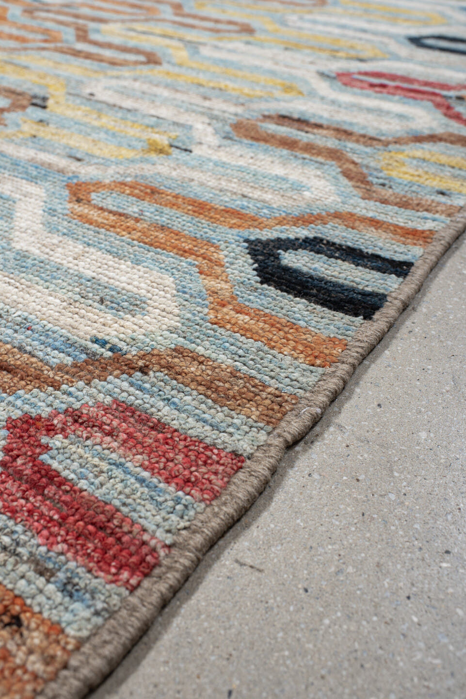 6' x 9' one-of-a-kind handmade vintage Tulu medium size rug. Color palette: ivory, sky blue, rust, gold, crimson, charcoal