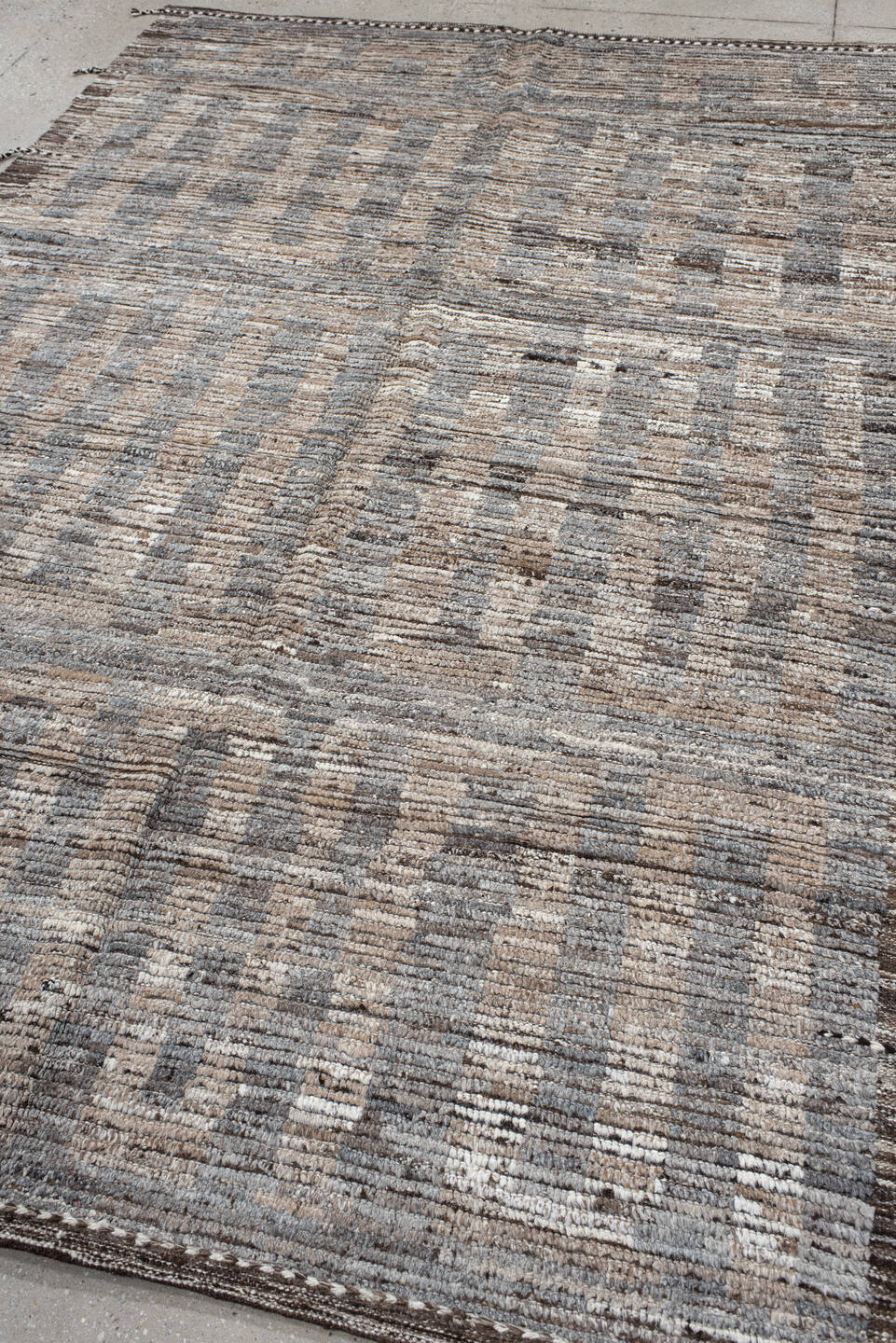 6' x 9' one-of-a-kind handmade vintage Tulu medium size rug. Color palette: ivory, gray, brown, taupe, charcoal, beige