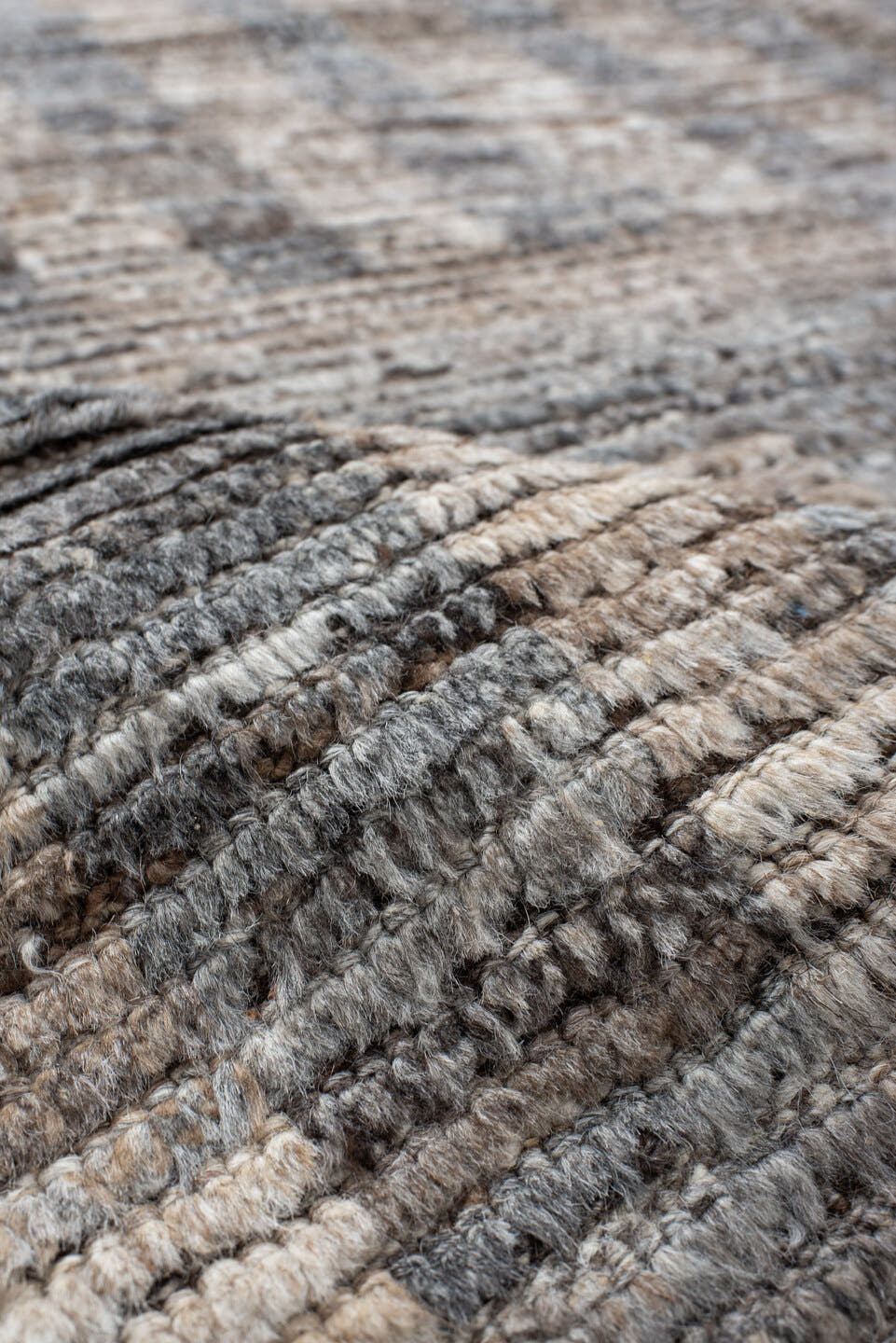 6' x 9' one-of-a-kind handmade vintage Tulu medium size rug. Color palette: ivory, gray, brown, taupe, charcoal, beige