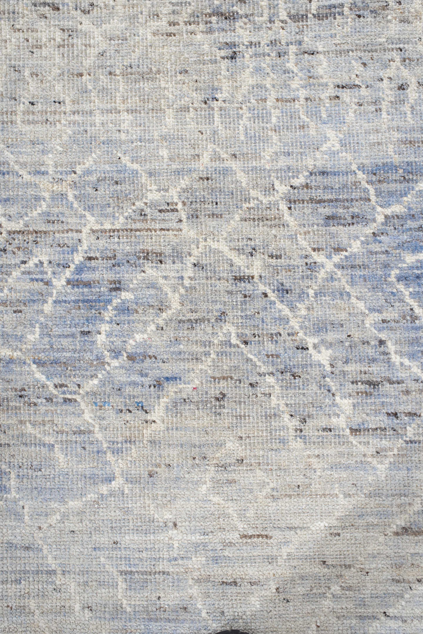 9' x 11' one-of-a-kind handmade vintage Tulu large size rug. Color palette: powder blue, ivory, silver, slate, taupe