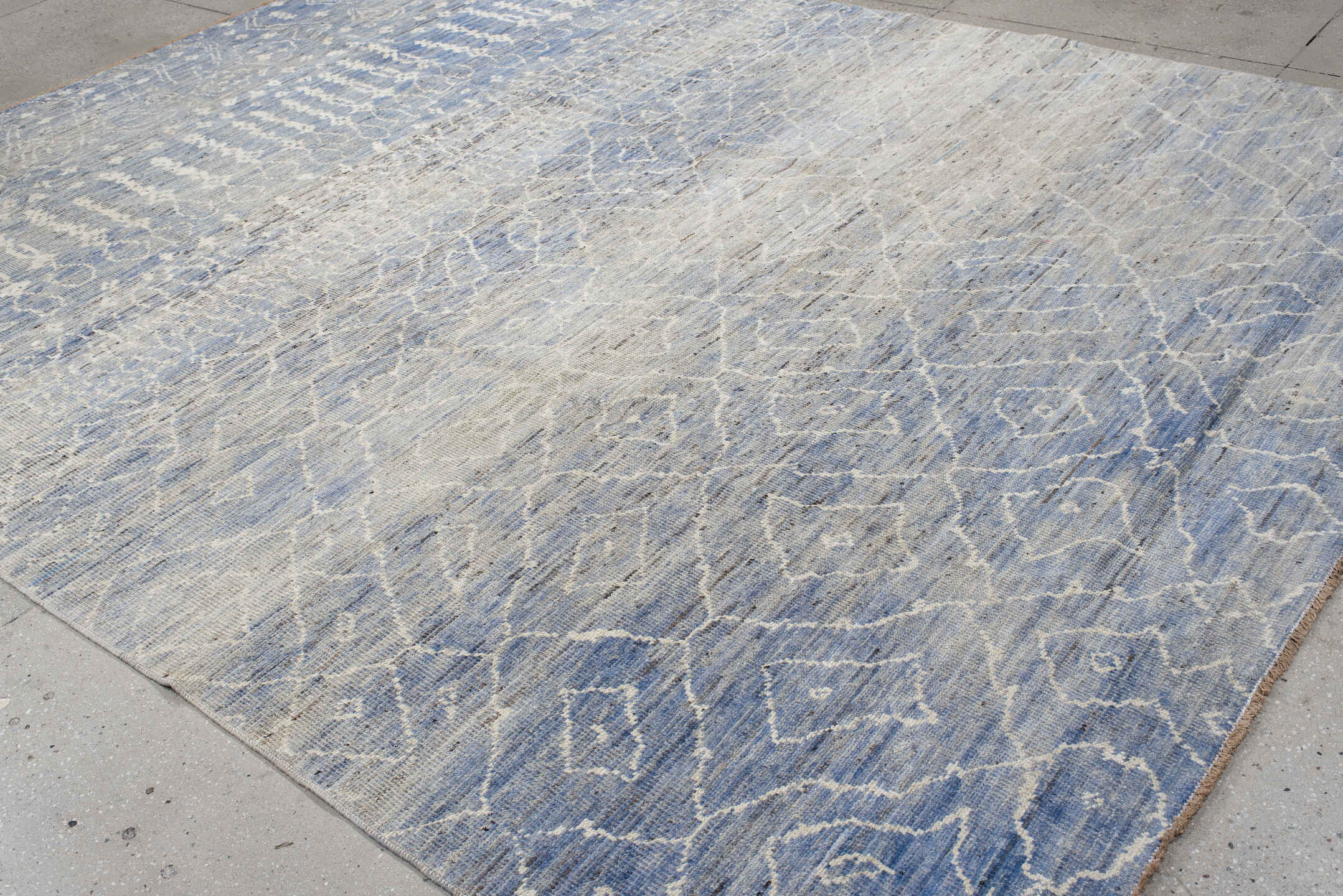 9' x 11' one-of-a-kind handmade vintage Tulu large size rug. Color palette: powder blue, ivory, silver, slate, taupe