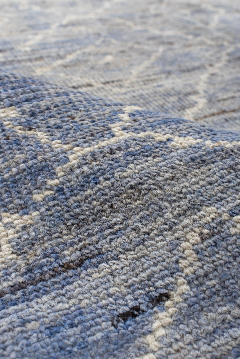 9' x 11' one-of-a-kind handmade vintage Tulu large size rug. Color palette: powder blue, ivory, silver, slate, taupe
