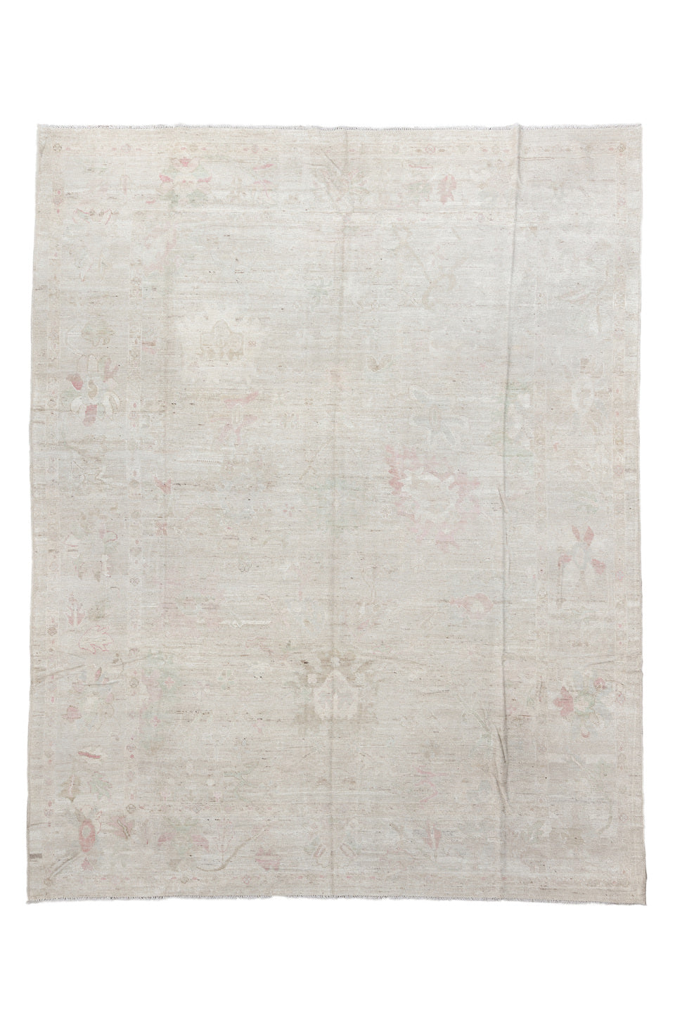 10' x 12' one-of-a-kind handmade vintage Tulu large size rug. Color palette: gray, light gray, off-white, pink, gainsboro