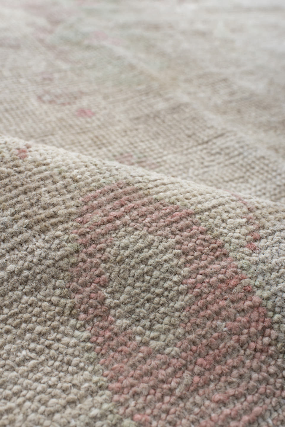 10' x 12' one-of-a-kind handmade vintage Tulu large size rug. Color palette: ivory, cream, blush, sage, taupe, pale gold