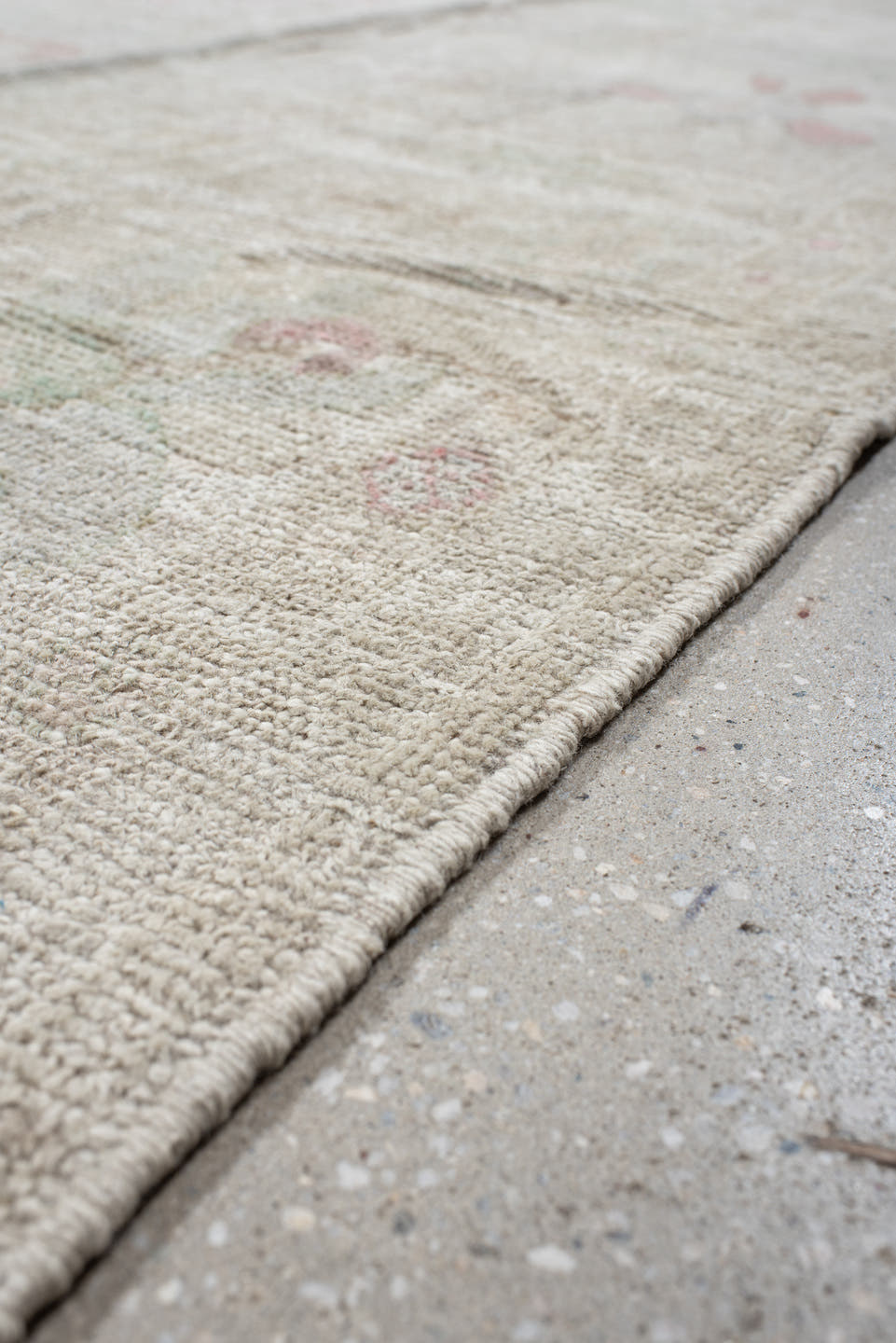 10' x 12' one-of-a-kind handmade vintage Tulu large size rug. Color palette: ivory, cream, blush, sage, taupe, pale gold