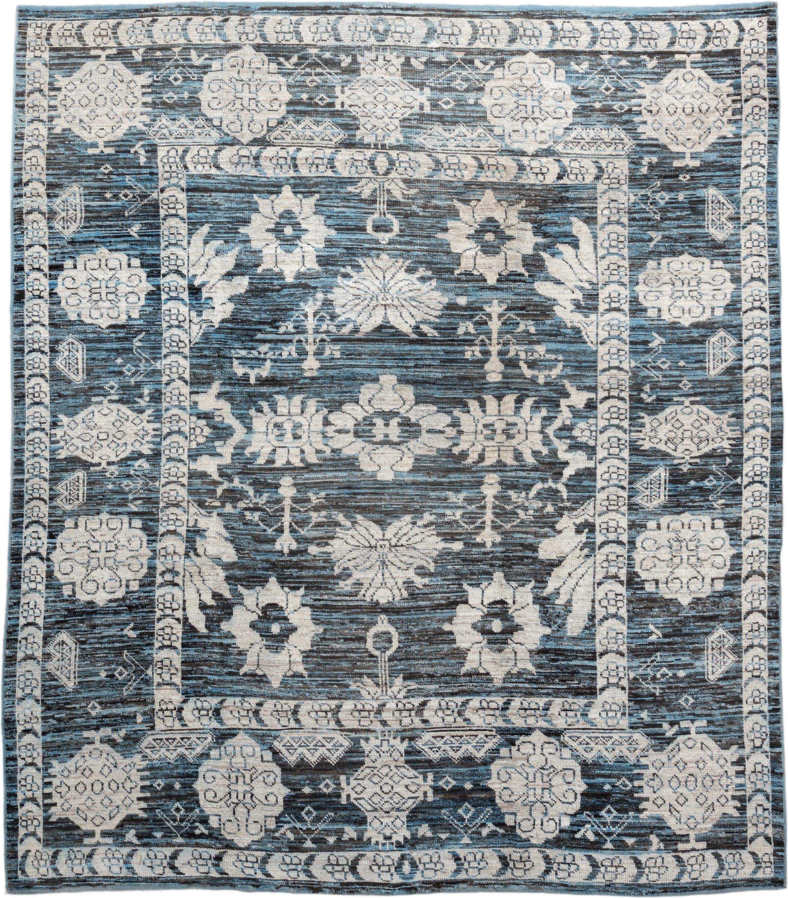 8' x 9' one-of-a-kind handmade vintage Oushak rug. Color palette: blue, ivory, charcoal, slate, cream, gray, black