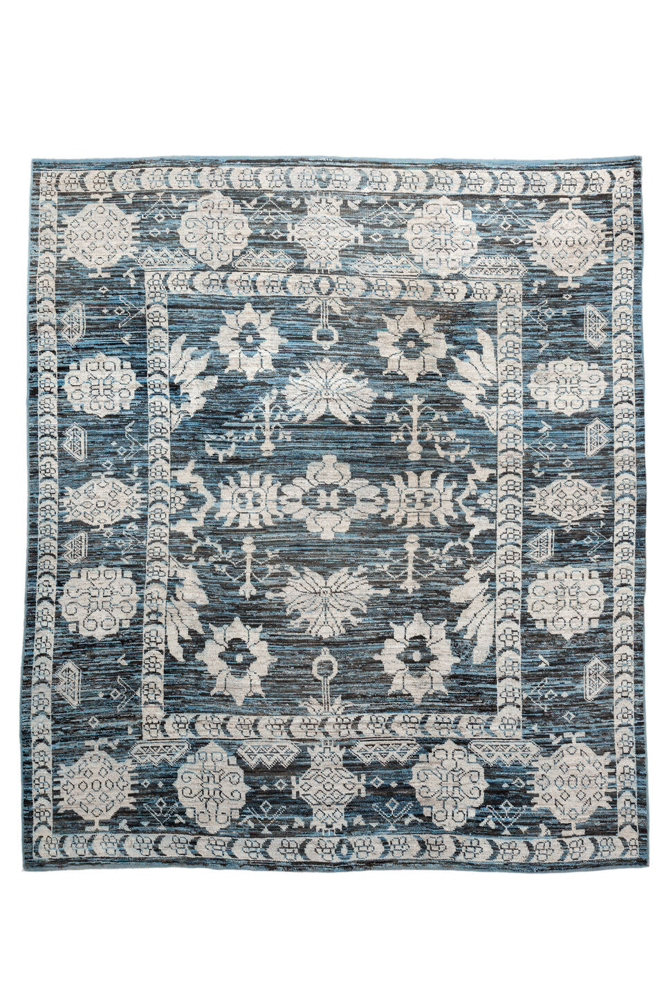 8' x 9' one-of-a-kind handmade vintage Oushak rug. Color palette: arapawa, black, blue, charcoal, dark gray, dim gray
