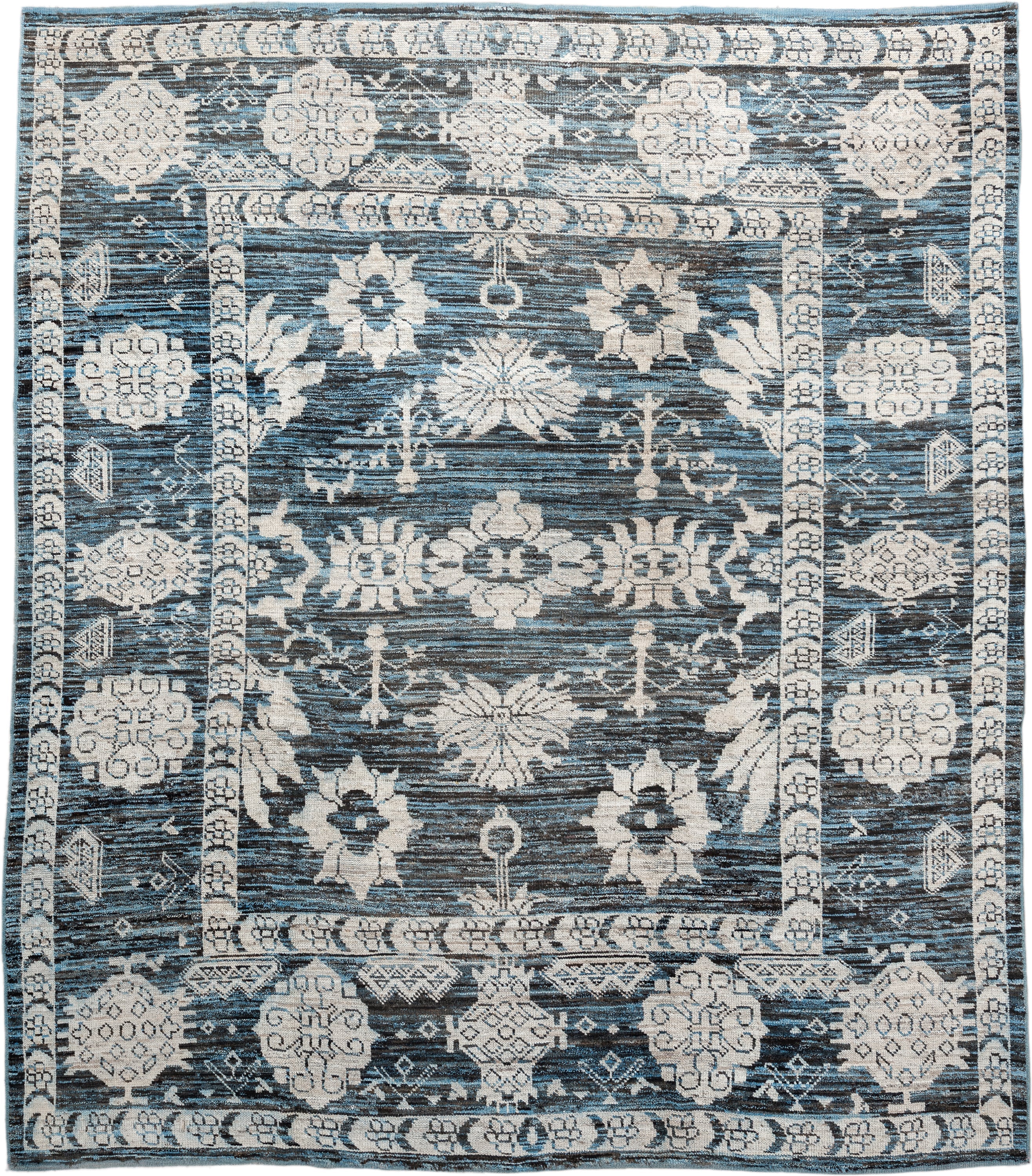 8' x 9' one-of-a-kind handmade vintage Oushak rug. Color palette: blue, ivory, charcoal, slate, cream, gray, black