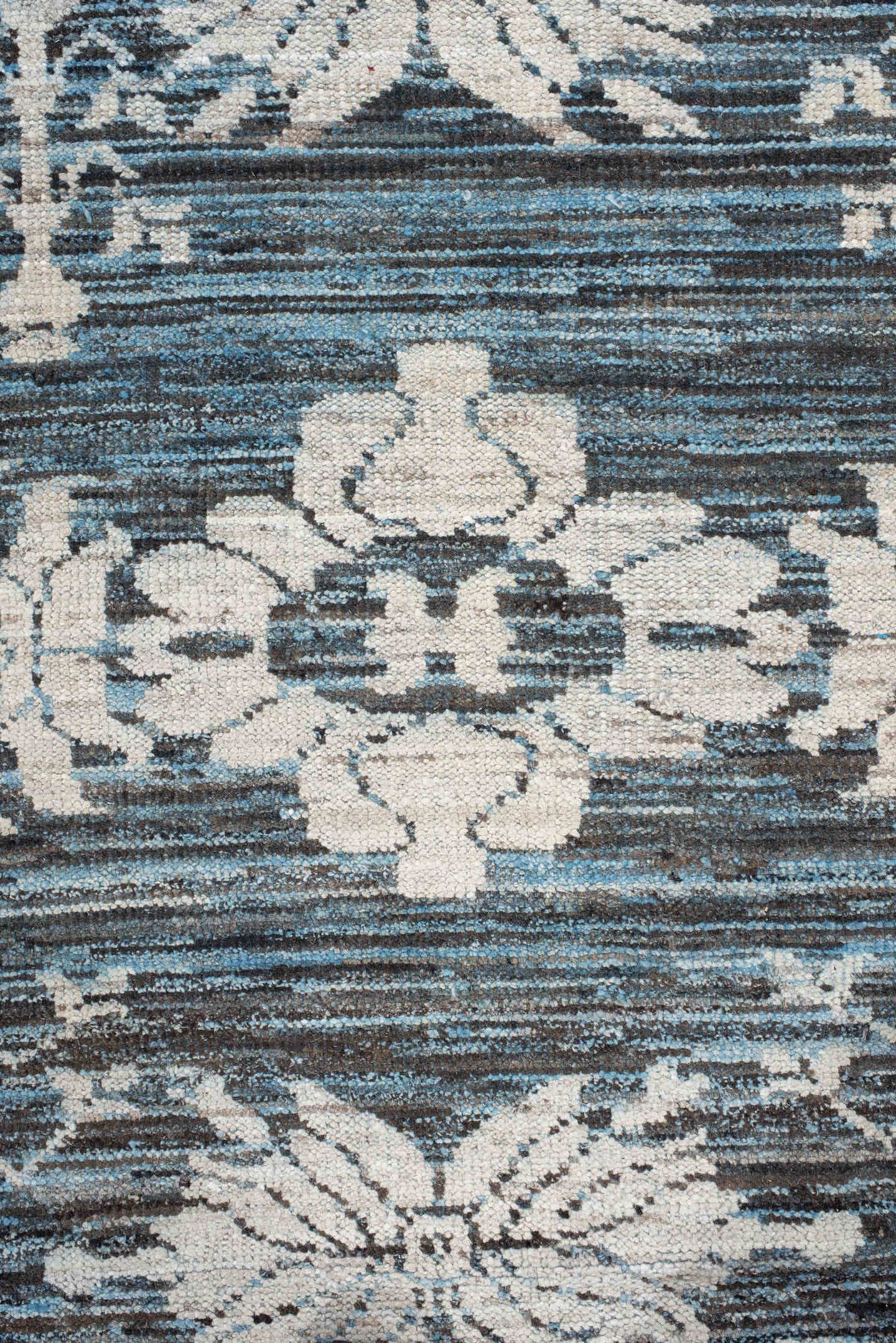 8' x 9' one-of-a-kind handmade vintage Oushak rug. Color palette: blue, ivory, charcoal, slate, cream, gray, black