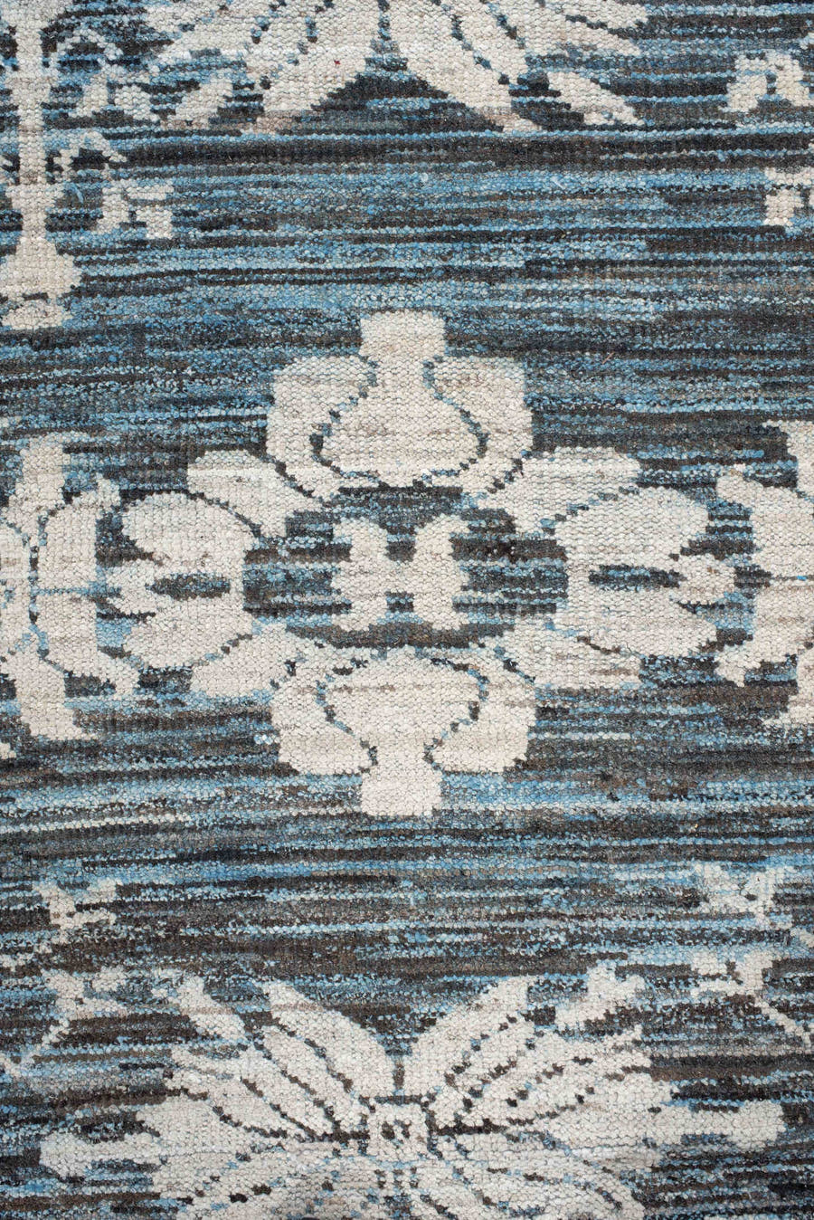 8' x 9' one-of-a-kind handmade vintage Oushak rug. Color palette: blue, ivory, charcoal, slate, cream, gray, black