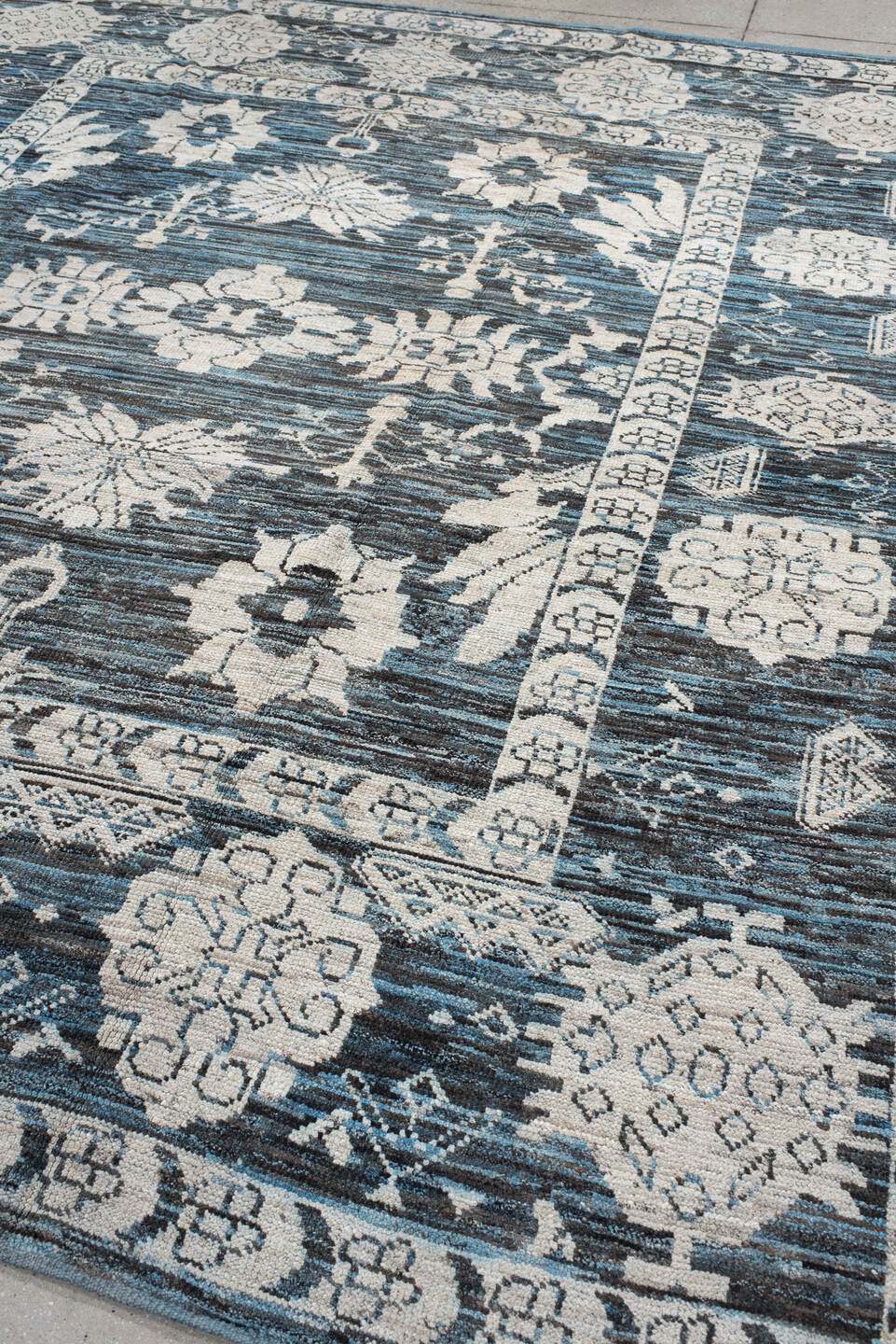 8' x 9' one-of-a-kind handmade vintage Oushak rug. Color palette: arapawa, black, blue, charcoal, dark gray, dim gray