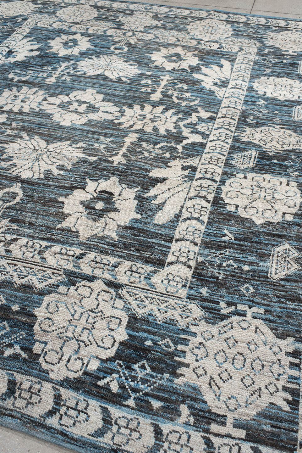8' x 9' one-of-a-kind handmade vintage Oushak rug. Color palette: blue, ivory, charcoal, slate, cream, gray, black