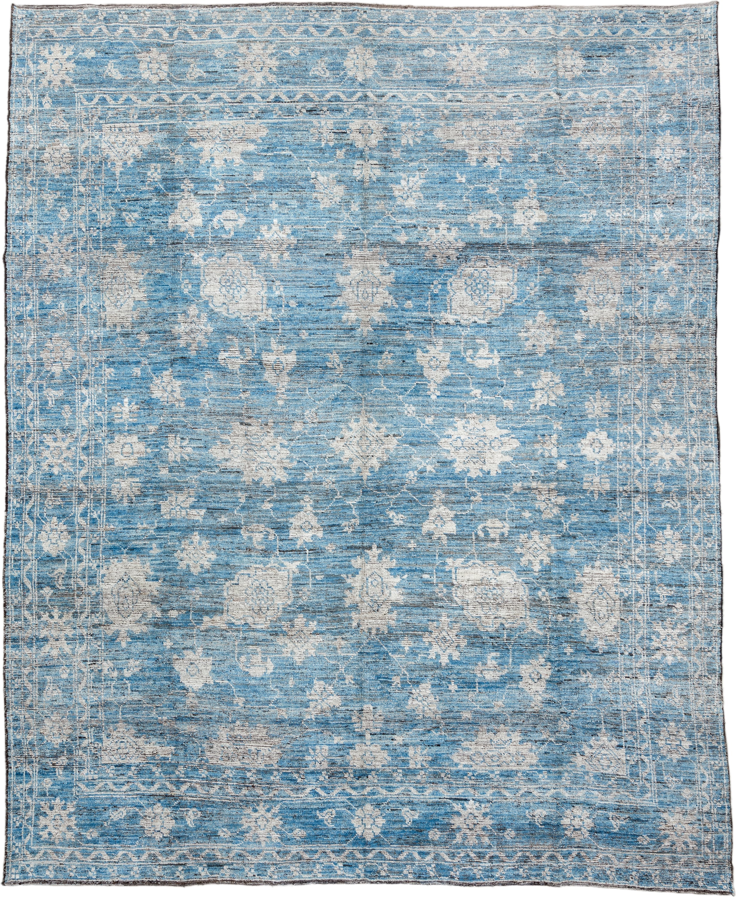 10' x 13' one-of-a-kind handmade vintage Oushak large size rug. Color palette: sky blue, ivory, slate, taupe, light blue
