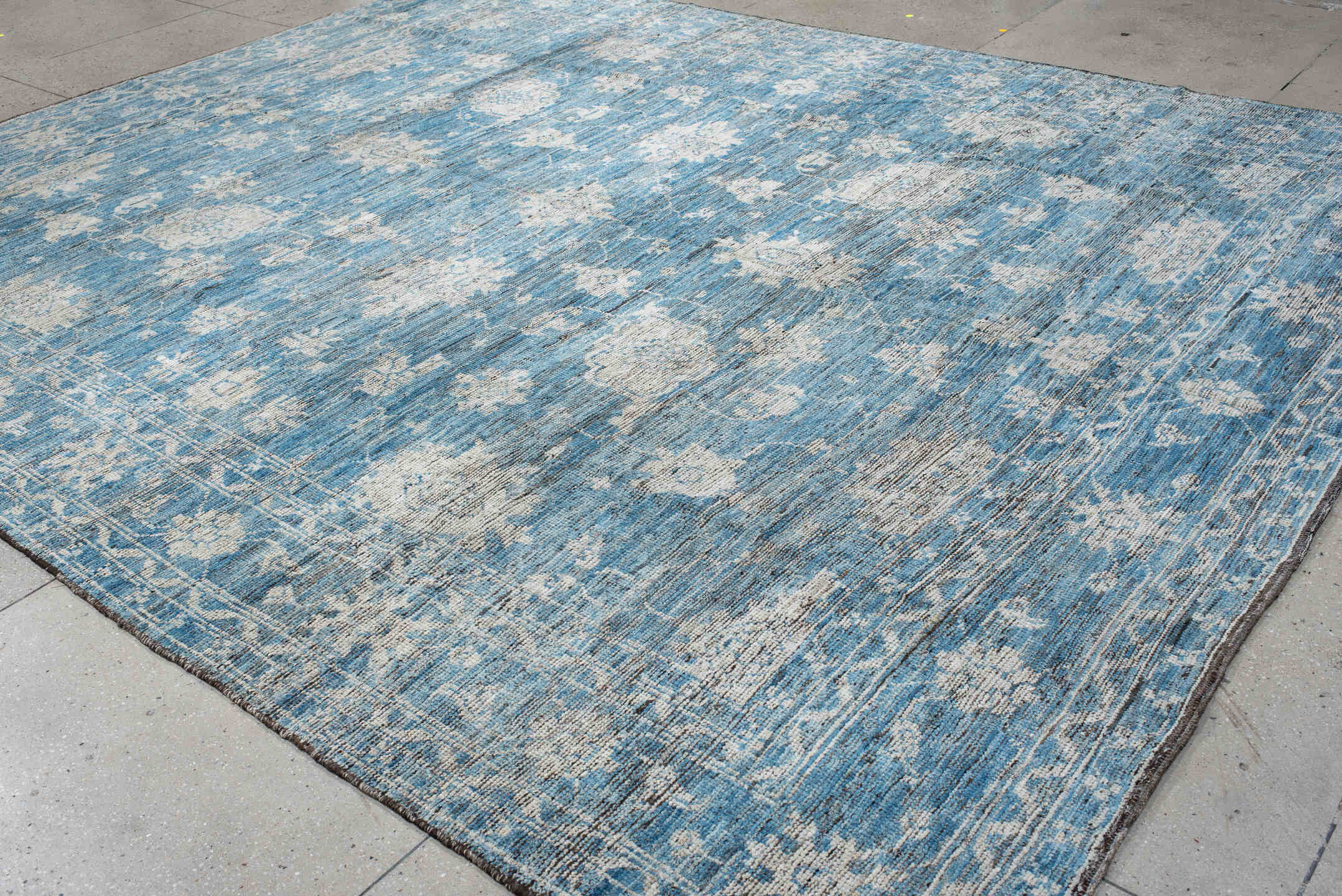 10' x 13' one-of-a-kind handmade vintage Oushak large size rug. Color palette: sky blue, ivory, slate, taupe, light blue