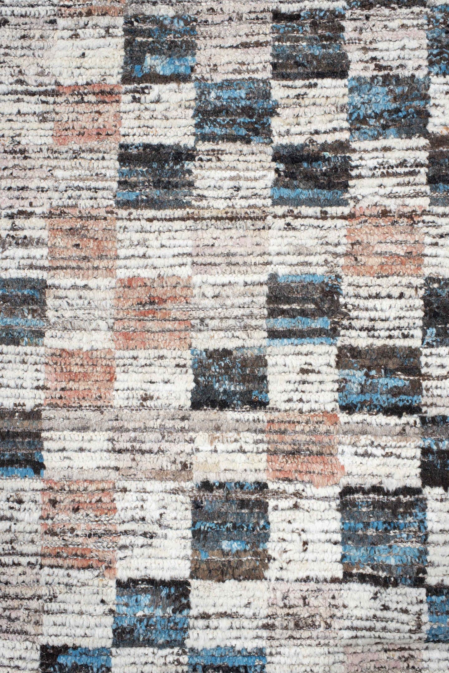 9' x 11' one-of-a-kind handmade vintage Tulu large size rug. Color palette: ivory, charcoal, sky_blue, blush, taupe, slate