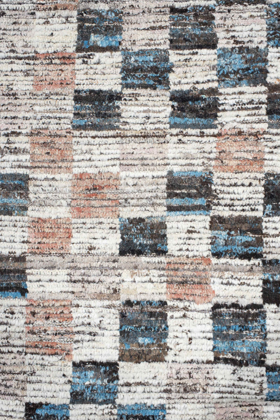 9' x 11' one-of-a-kind handmade vintage Tulu large size rug. Color palette: ivory, charcoal, sky_blue, blush, taupe, slate