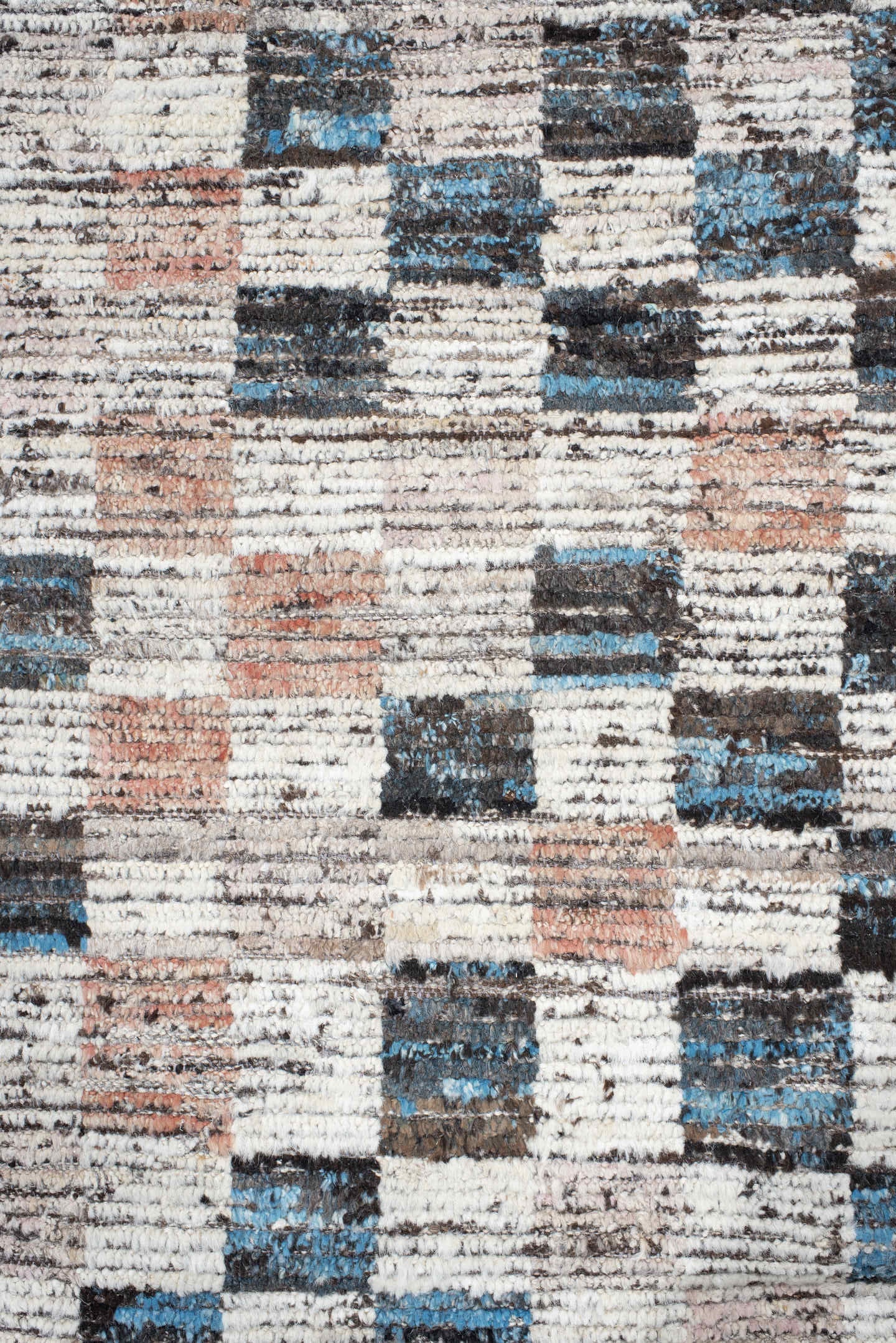 9' x 11' one-of-a-kind handmade vintage Tulu large size rug. Color palette: ivory, charcoal, sky_blue, blush, taupe, slate