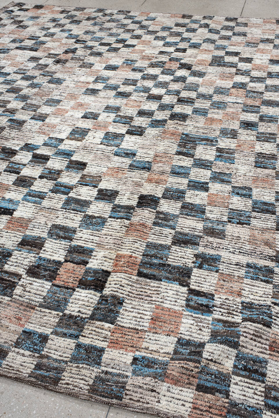 9' x 11' one-of-a-kind handmade vintage Tulu large size rug. Color palette: ivory, charcoal, sky_blue, blush, taupe, slate