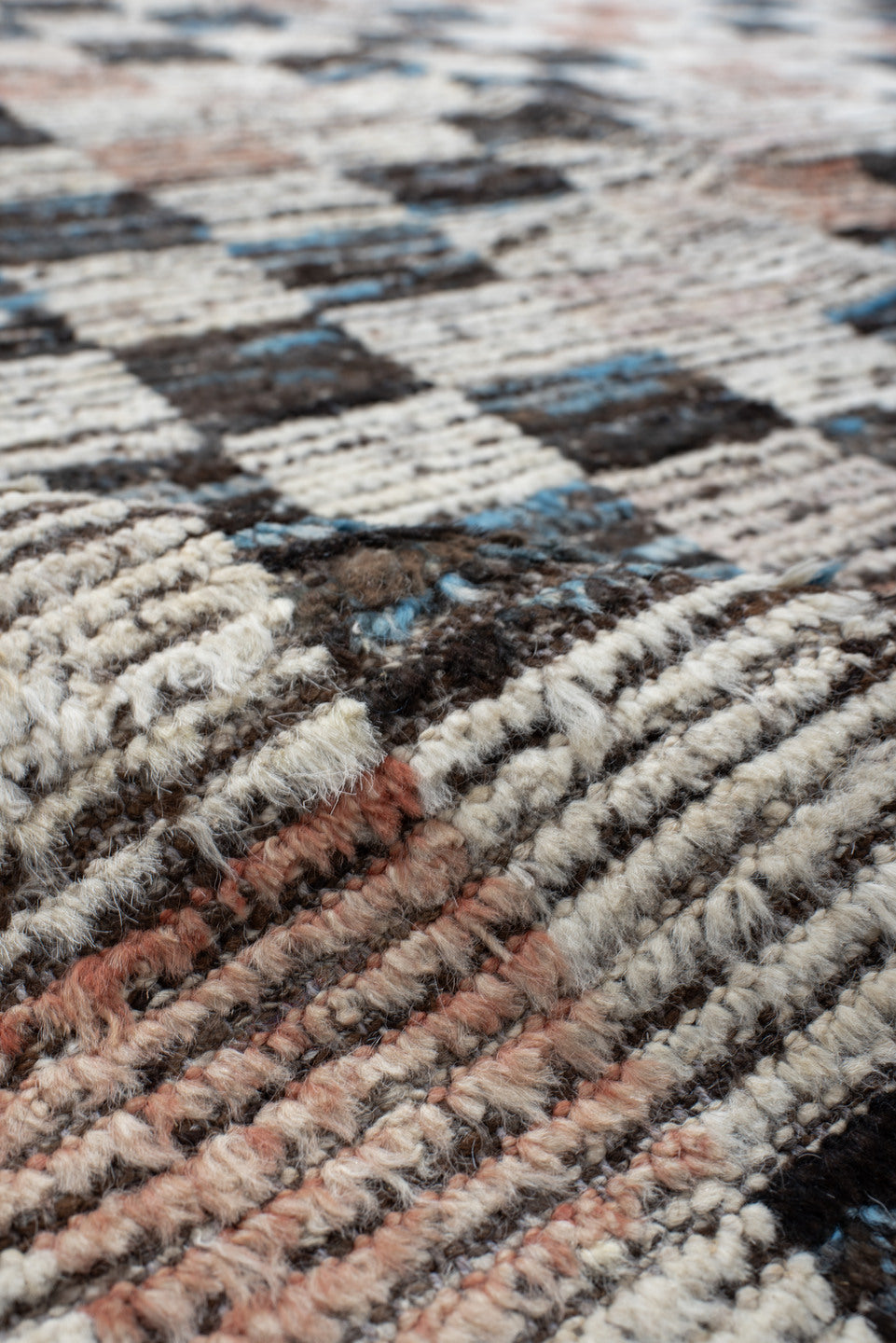 9' x 11' one-of-a-kind handmade vintage Tulu large size rug. Color palette: ivory, charcoal, sky_blue, blush, taupe, slate