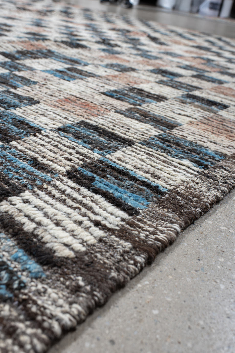 9' x 11' one-of-a-kind handmade vintage Tulu large size rug. Color palette: ivory, charcoal, sky_blue, blush, taupe, slate