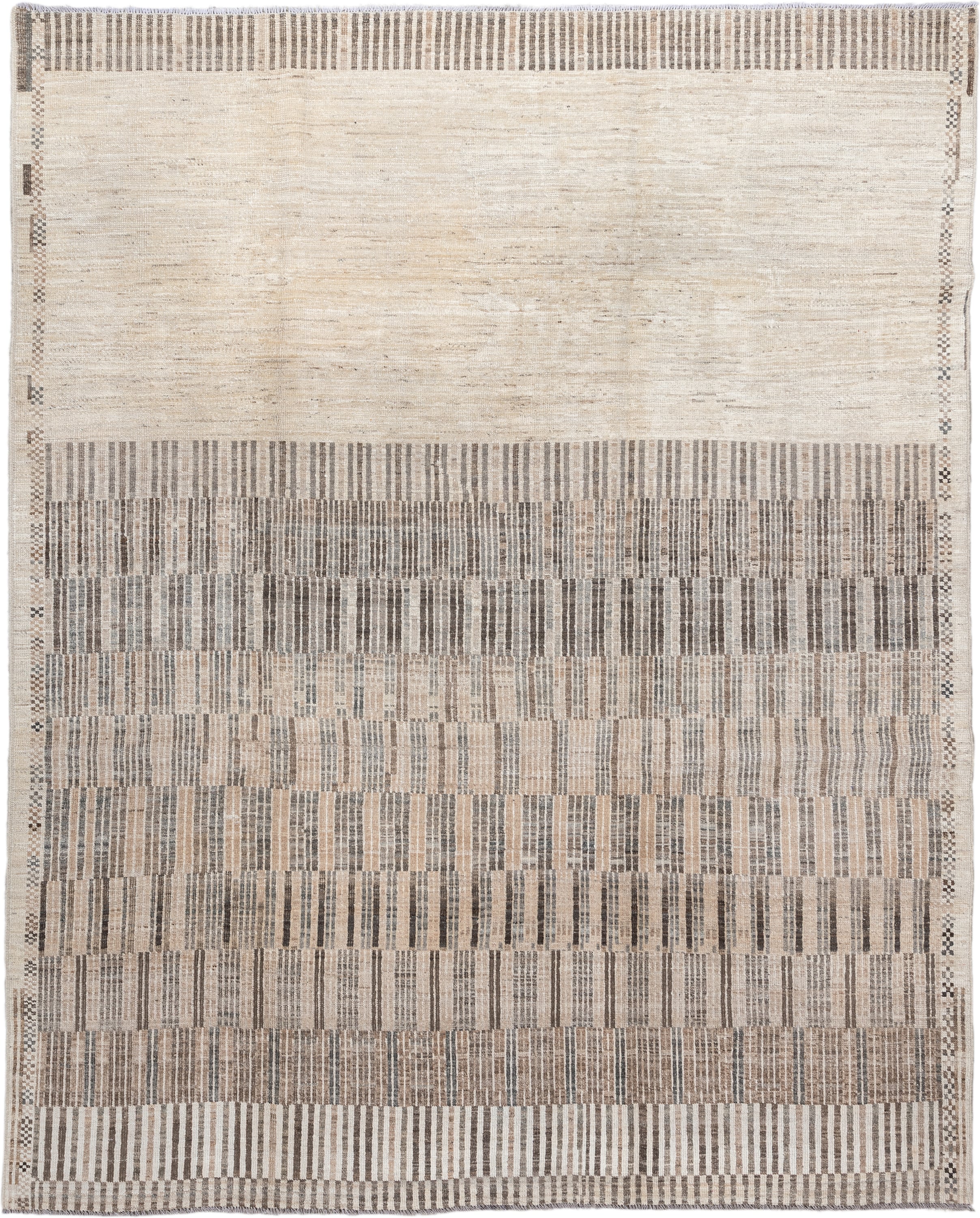 7' x 9' one-of-a-kind handmade vintage Tulu rug. Color palette: ivory, taupe, camel, charcoal, beige, gray, black