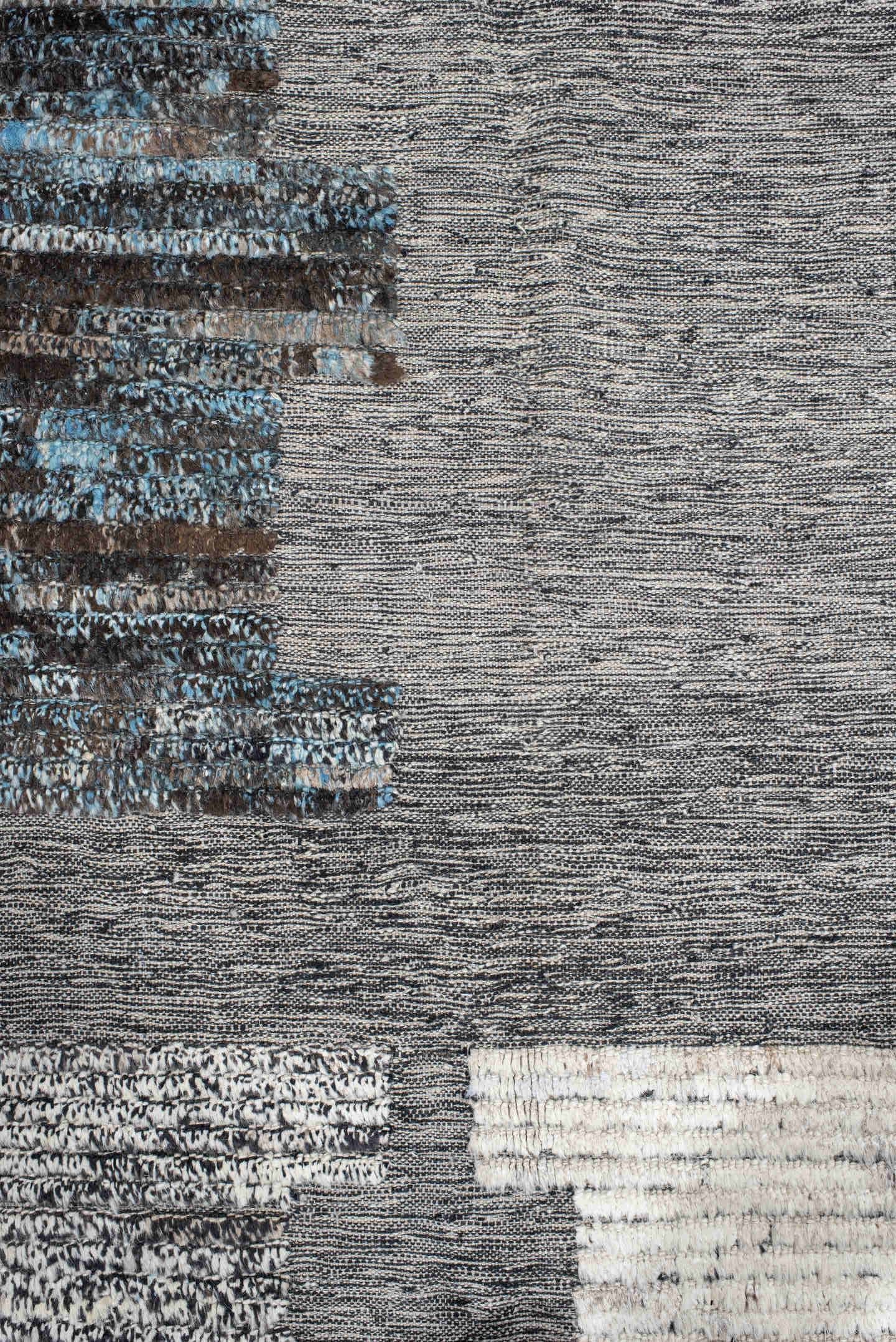 11' x 12' one-of-a-kind handmade vintage Tulu oversize rug. Color palette: gray, ivory, charcoal, sky blue, cream, taupe