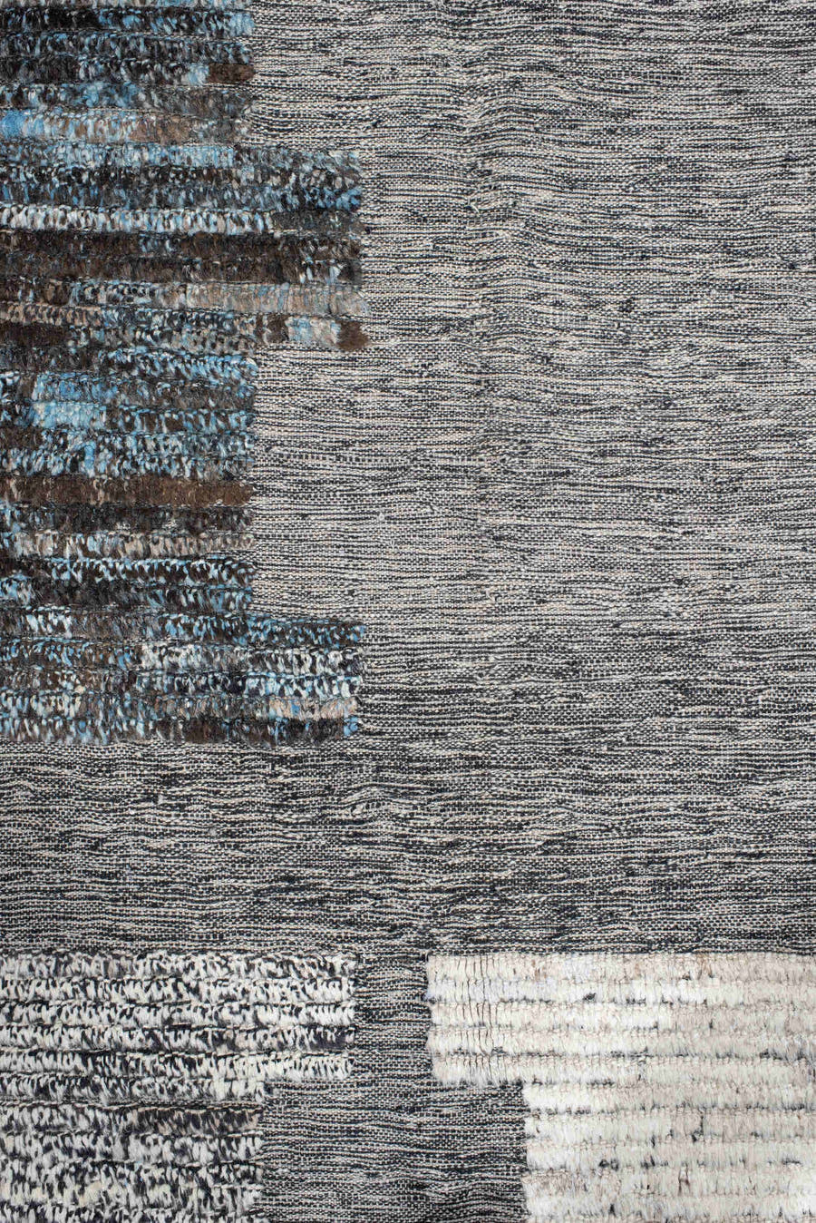 11' x 12' one-of-a-kind handmade vintage Tulu oversize rug. Color palette: gray, ivory, charcoal, sky blue, cream, taupe