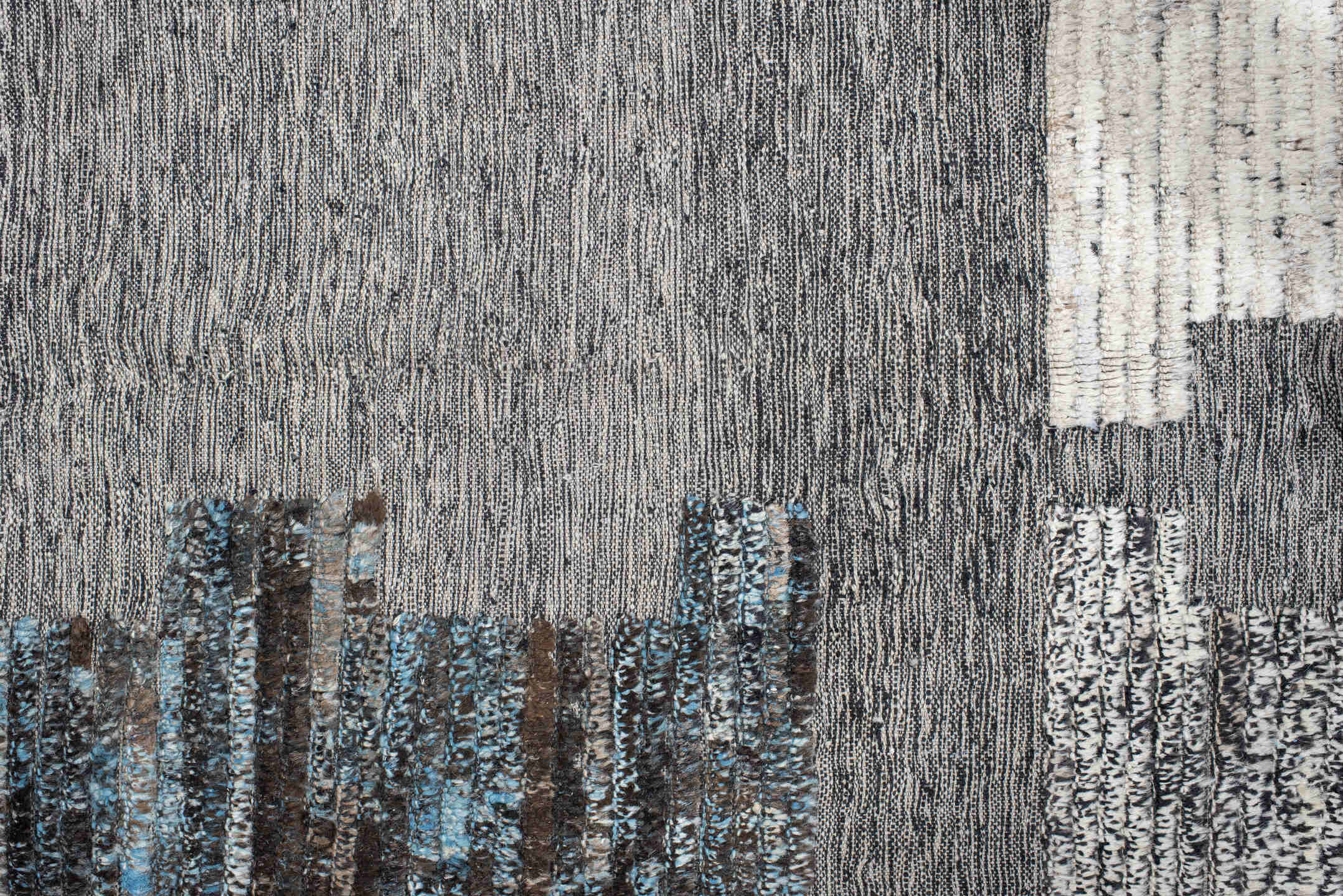 11' x 12' one-of-a-kind handmade vintage Tulu oversize rug. Color palette: black, blue, charcoal, dark gray, dim gray