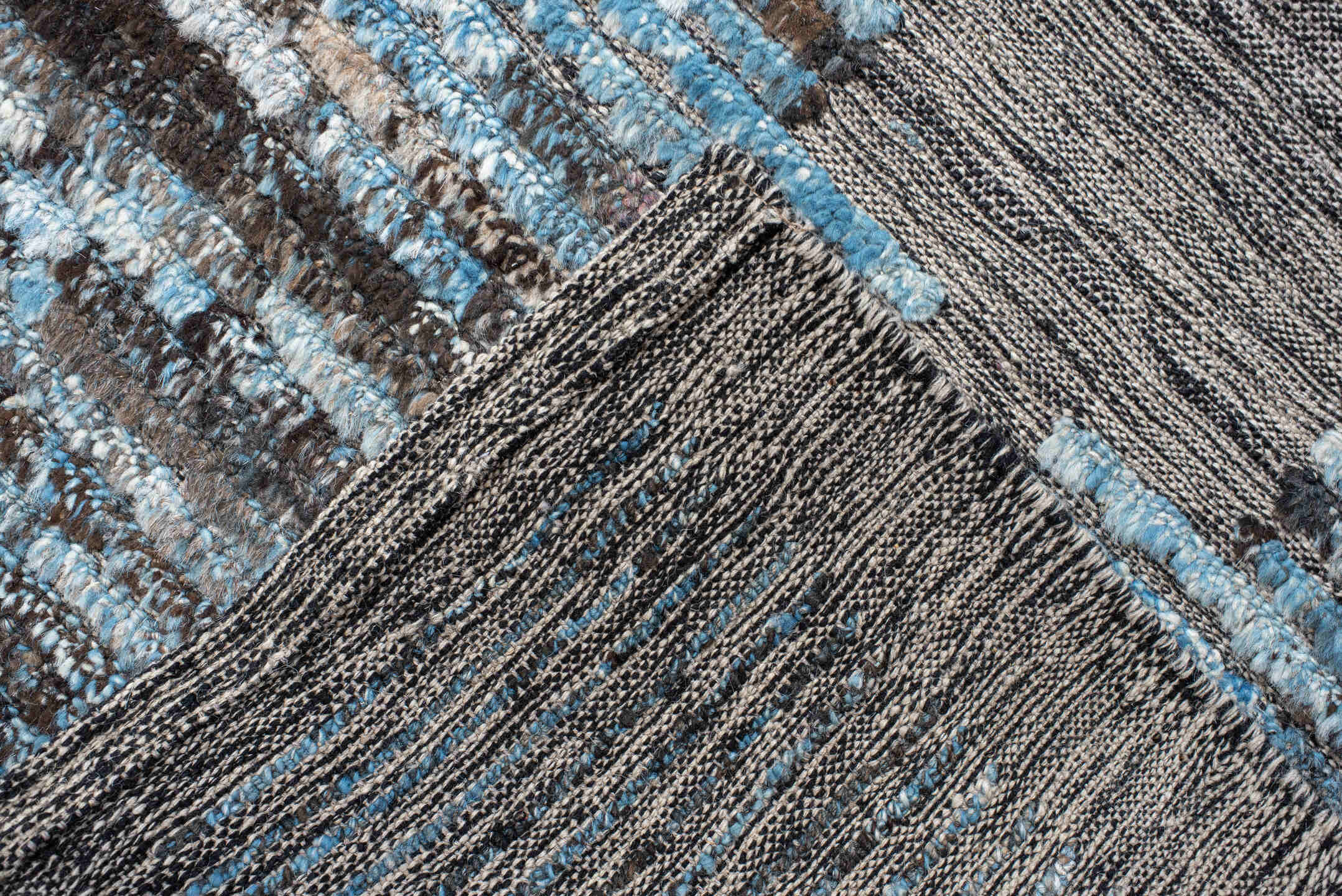 11' x 12' one-of-a-kind handmade vintage Tulu oversize rug. Color palette: black, blue, charcoal, dark gray, dim gray