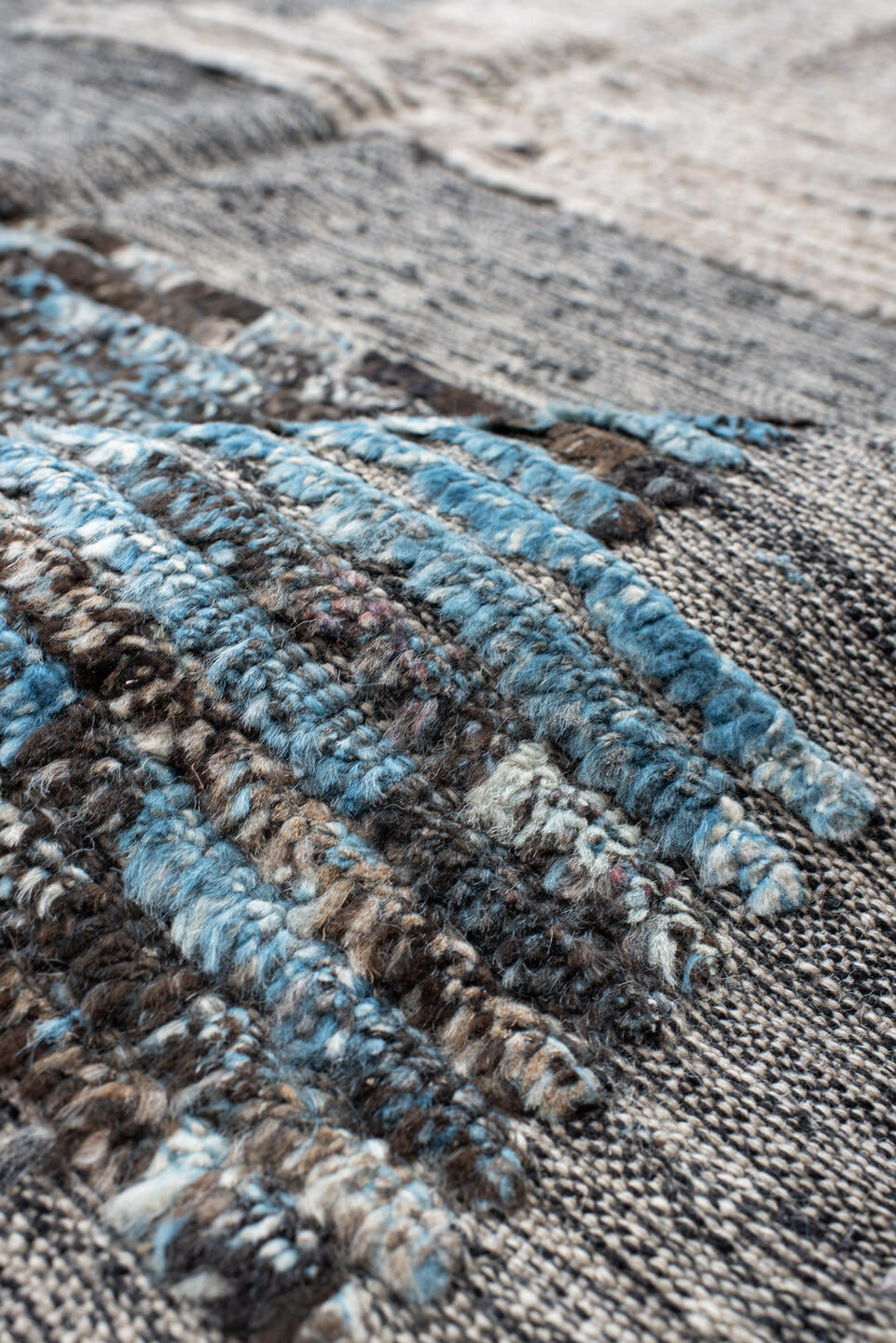 11' x 12' one-of-a-kind handmade vintage Tulu oversize rug. Color palette: gray, ivory, charcoal, sky blue, cream, taupe